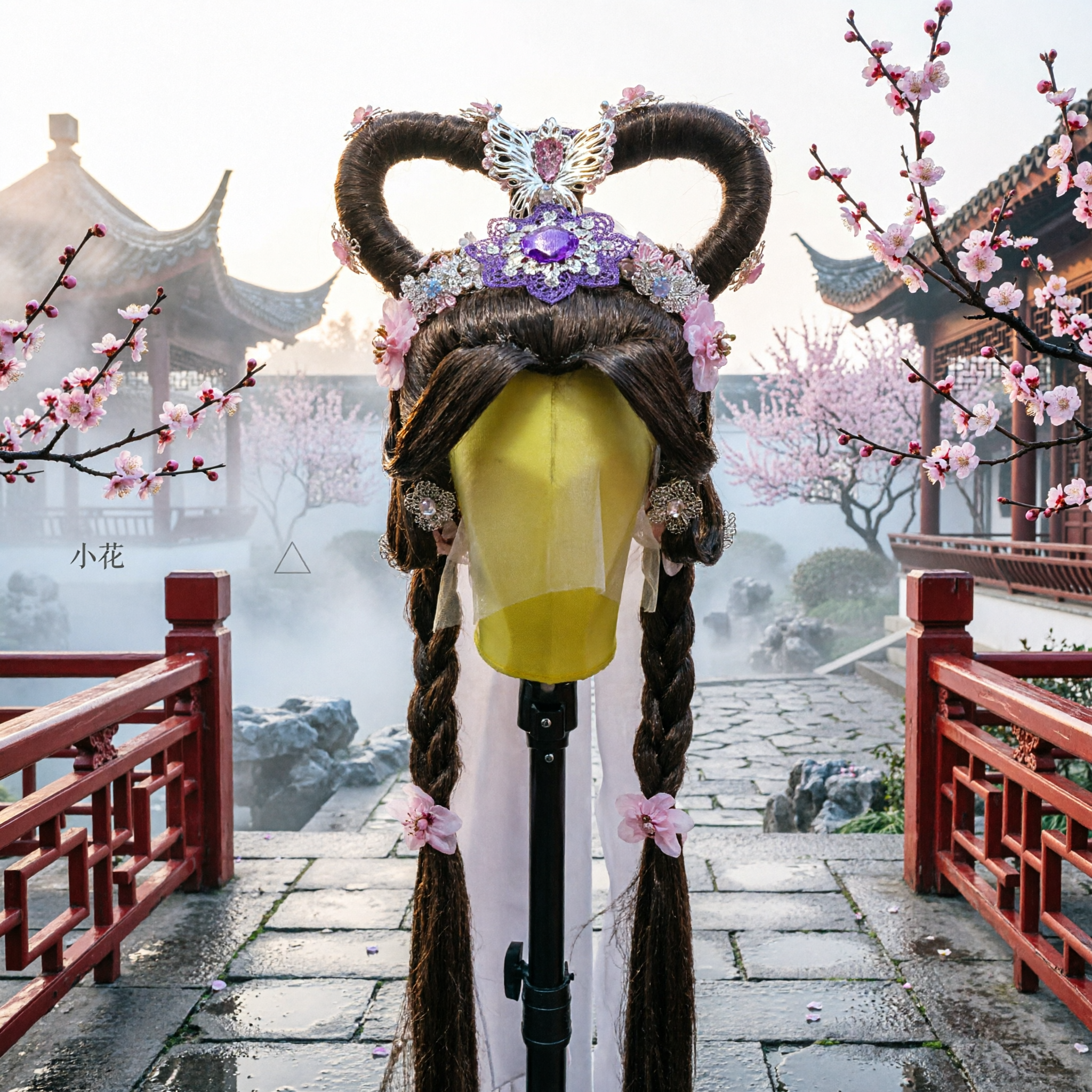 Traditional Chinese Ancient Princess Wig with Purple Butterfly Headpiece and Long Braids for Hanfu Cosplay Women - Asian Costume