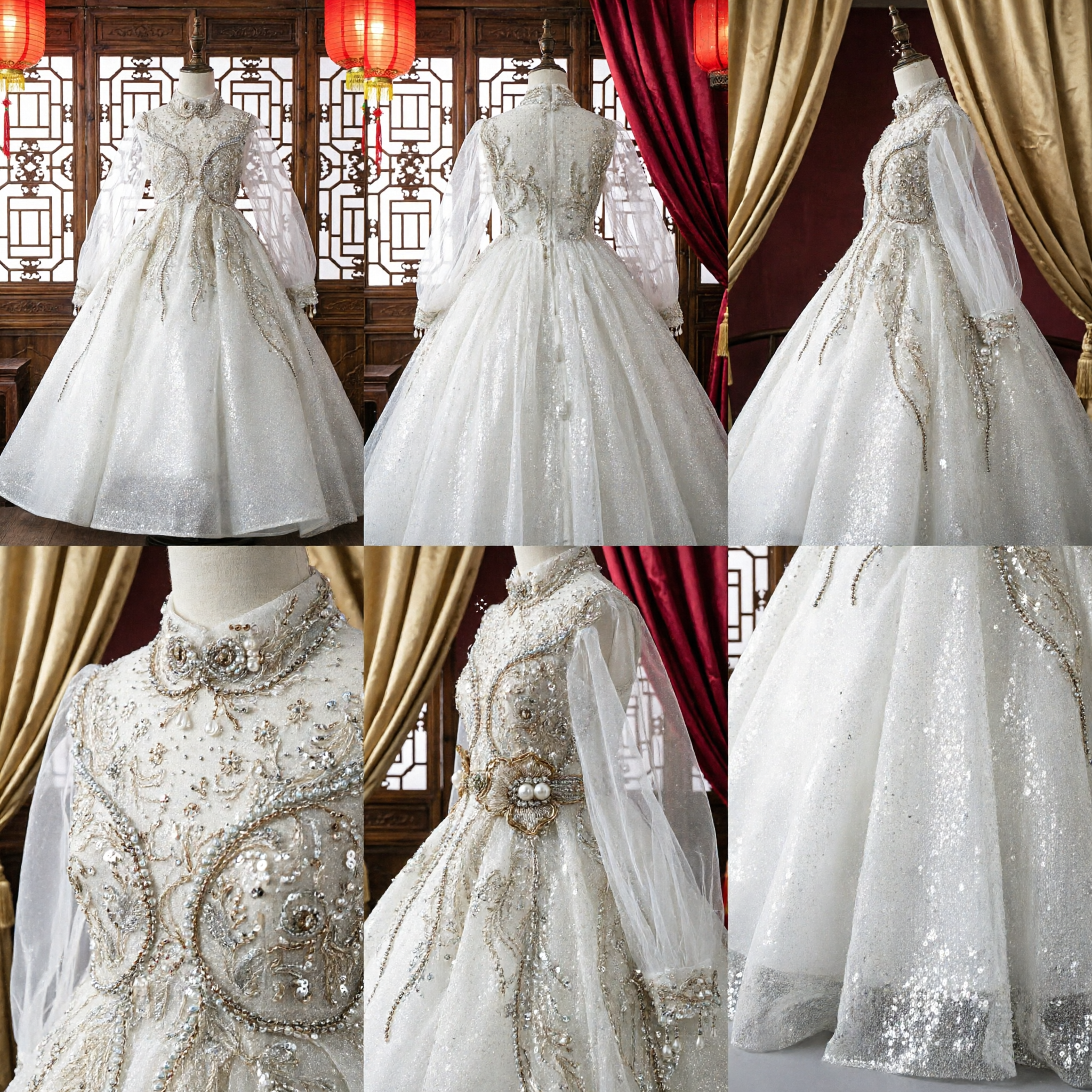 Elegant White Long Sleeve Flower Girl Dress with Intricate Beading Formal Ballgown for Kids Wedding Party - Asian Costume