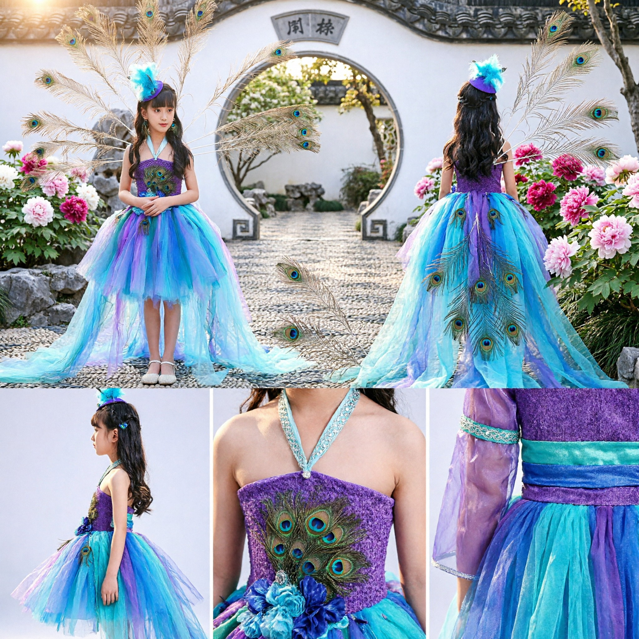 Girls Peacock Dance Costume Traditional Dai Ethnic Stage Performance Dress with Feathers and Headpiece - Asian Costume