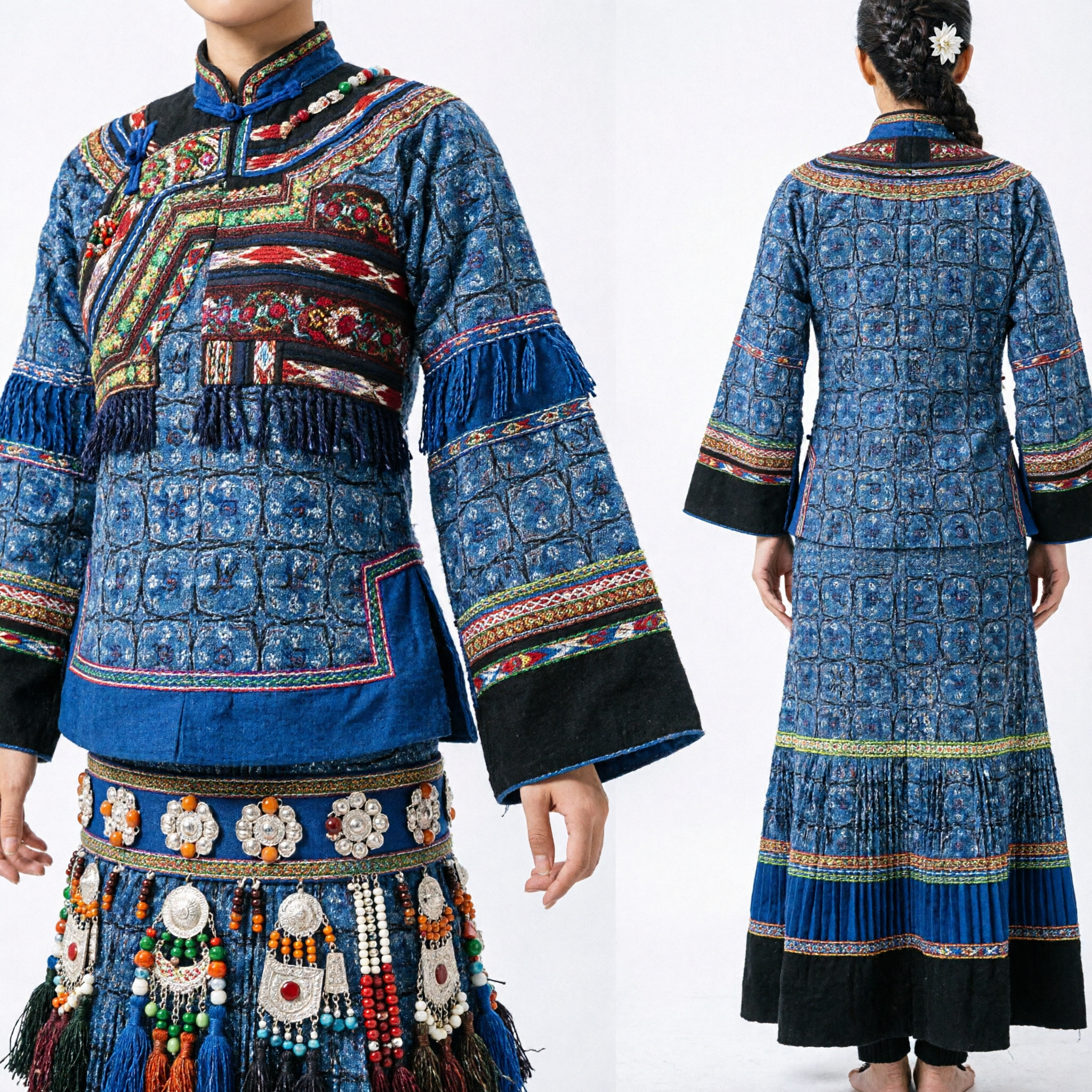Chinese Traditional Ethnic Minority Costume Blue Embroidered Robe and Vest Ancient Mongolian Style Clothing for Women - Asian Costume