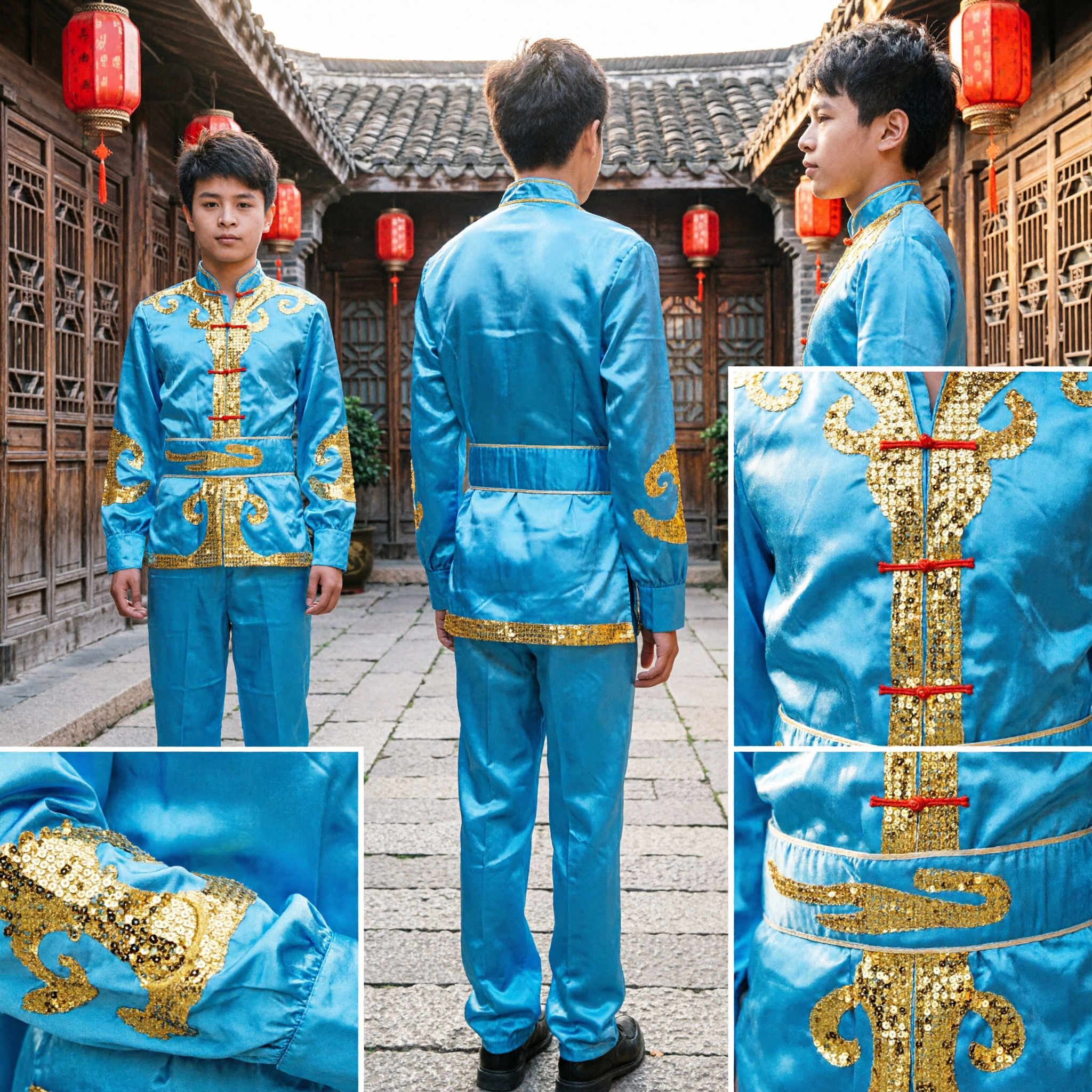 Men's Blue Satin Traditional Chinese Kung Fu Uniform Gold Embroidery Tang Suit for Performance - Asian Costume