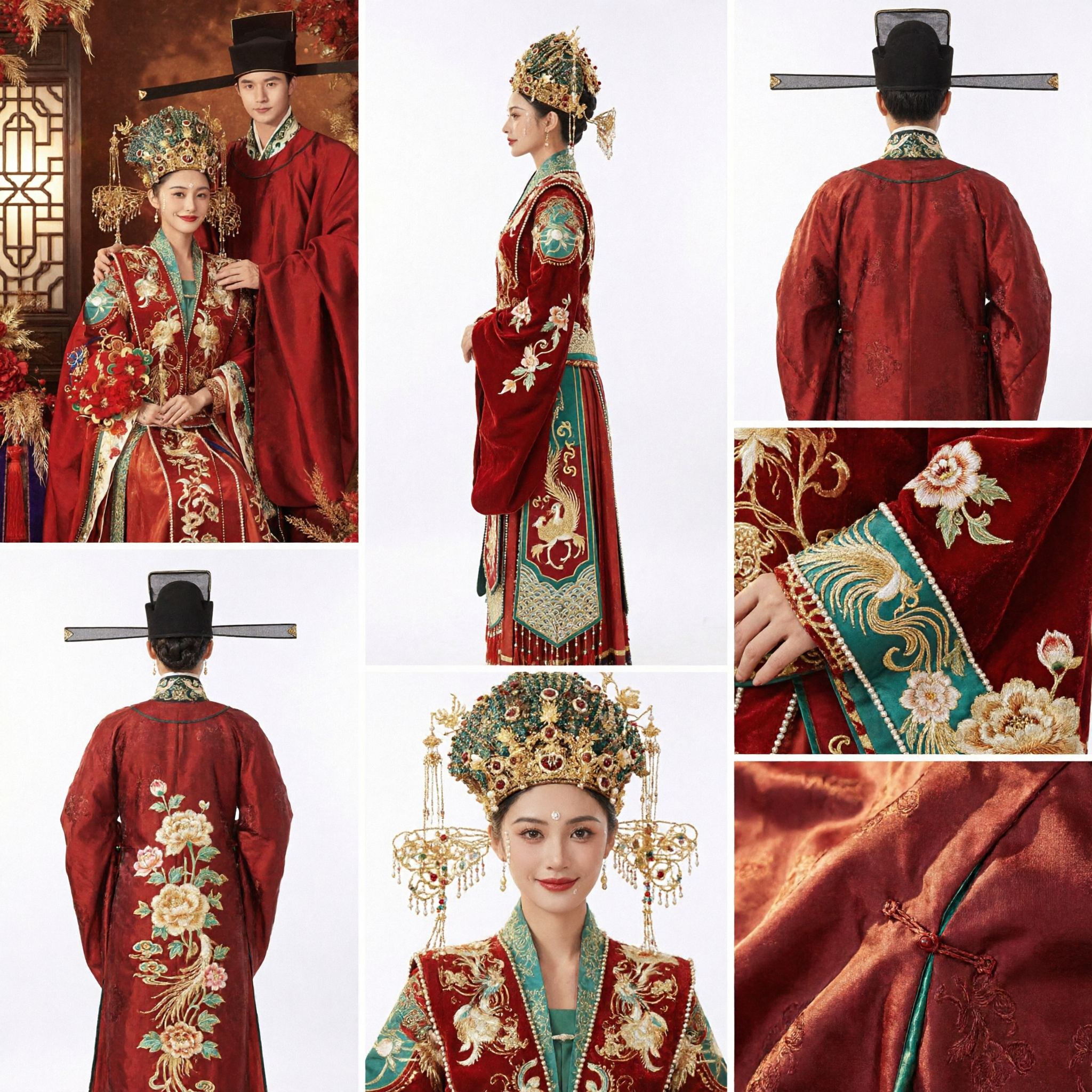 Traditional Chinese Wedding Hanfu Costume Set for Bride and Groom Ming Dynasty Red Robe and Phoenix Coronet - Asian Costume