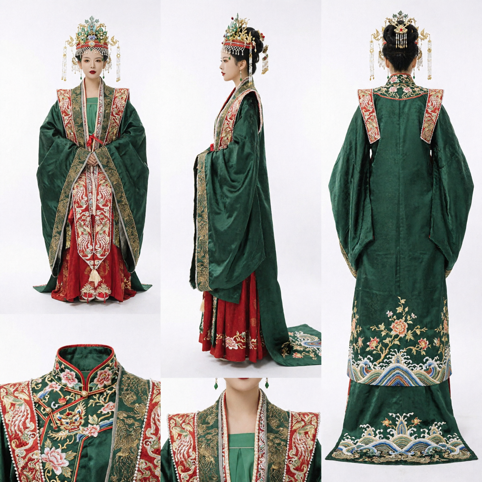 Traditional Chinese Ming Dynasty Wedding Hanfu Costume Green Robe Red Skirt with Phoenix Crown for Bride - Asian Costume