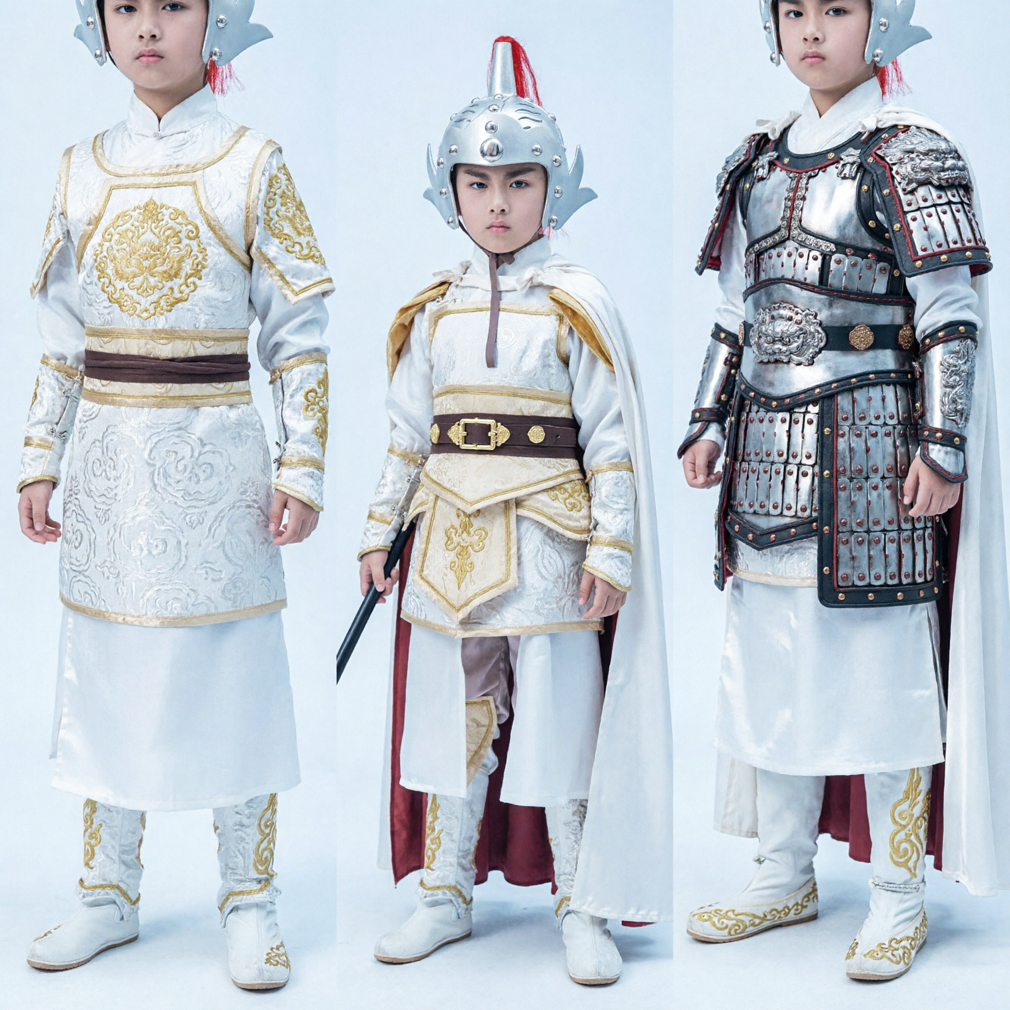Traditional Chinese General White Armor Costume for Kids Boys Ancient Warrior Hanfu Cosplay Outfit for Stage Performance - Asian Costume