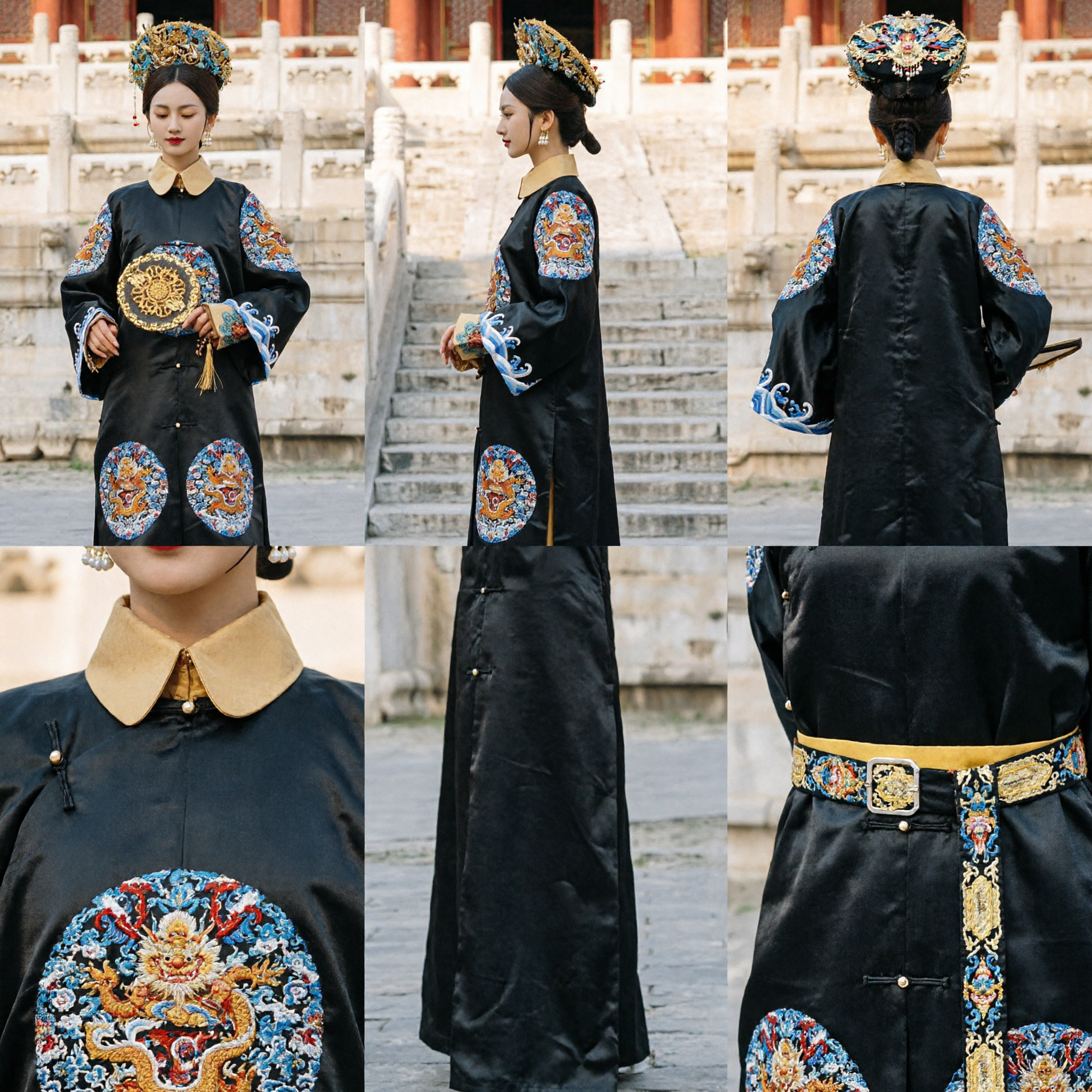 Traditional Chinese Qing Dynasty Manchu Princess Costume Black Embroidered Robe Ancient Palace Lady Dress for Women - Asian Costume