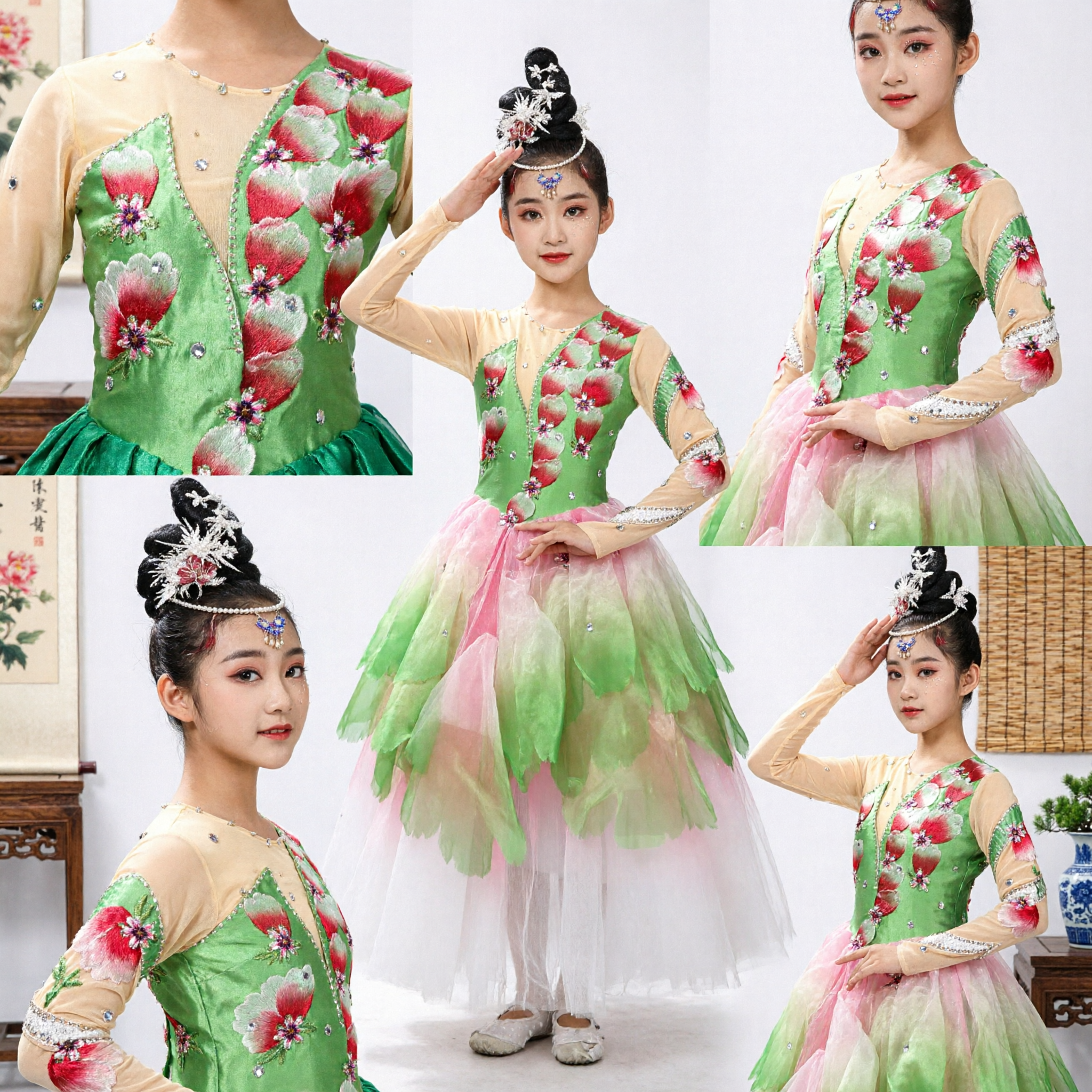 Chinese Classical Dance Costume for Kids Green Lotus Flower Fairy Tutu Dress for Stage Performance - Asian Costume
