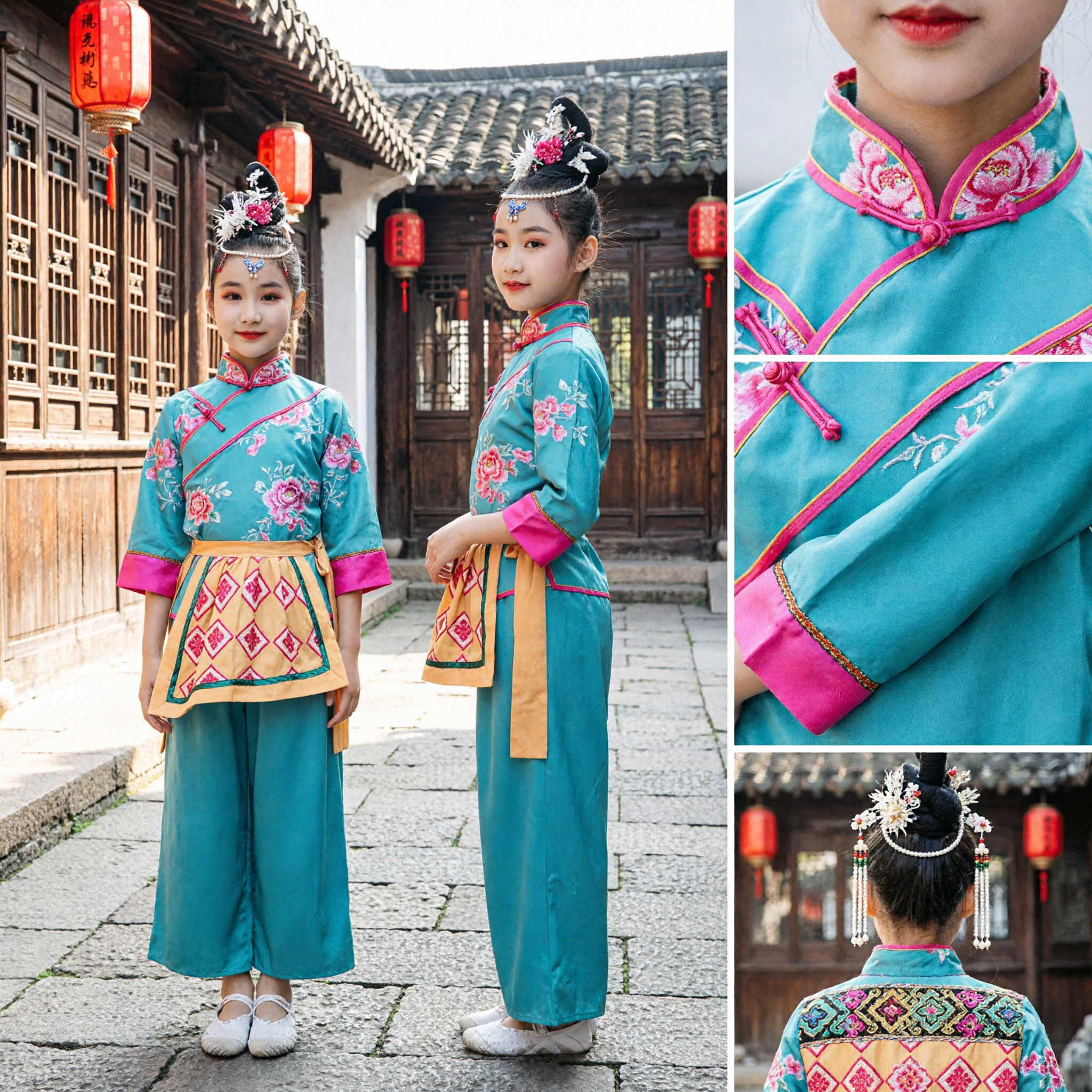 Traditional Chinese Folk Dance Costume for Kids Girls Tea Picking Performance Dress with Bamboo Hat - Asian Costume