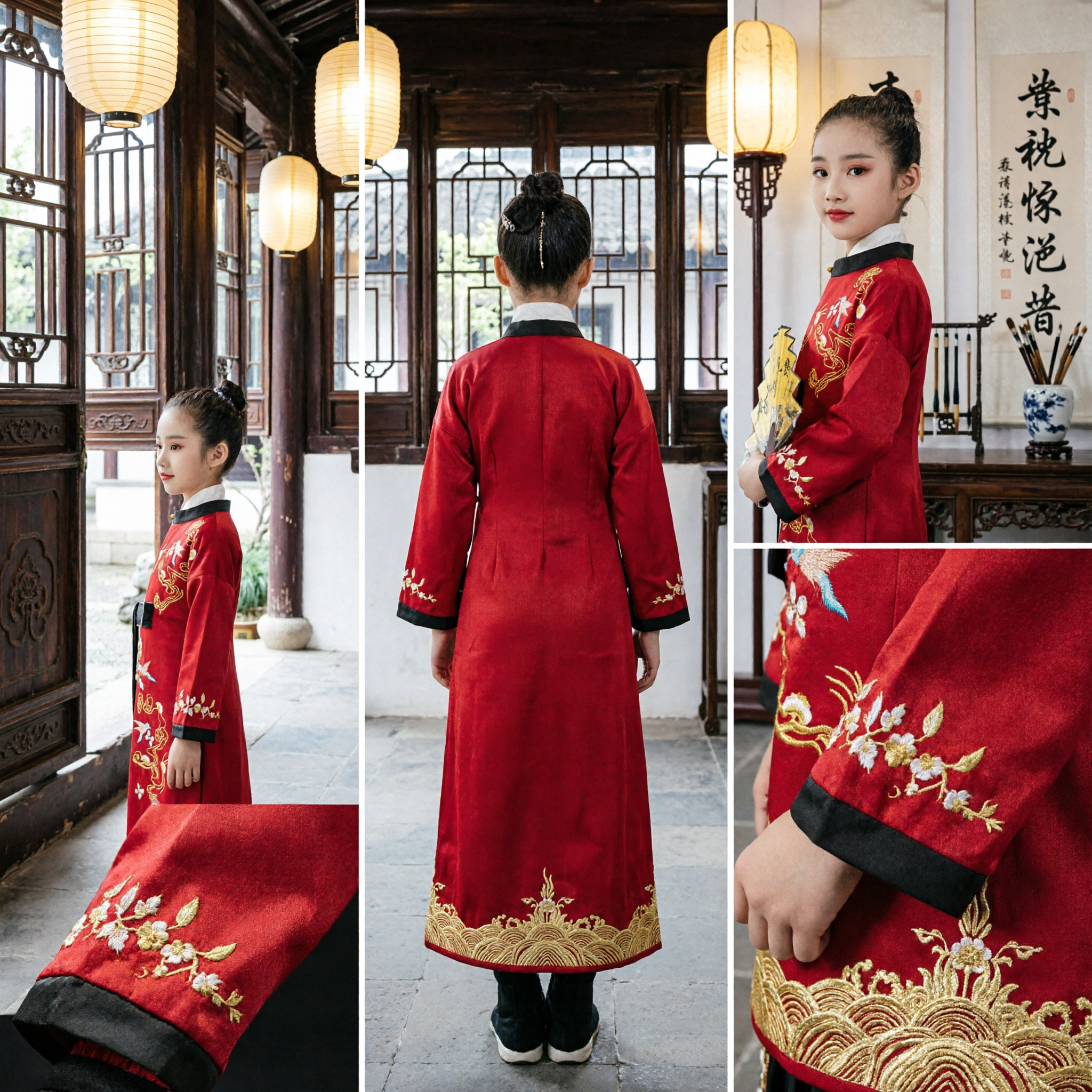 Kids Traditional Chinese Red Hanfu Robe with Gold Crane Embroidery for Folk Dance and Stage Performance - Asian Costume