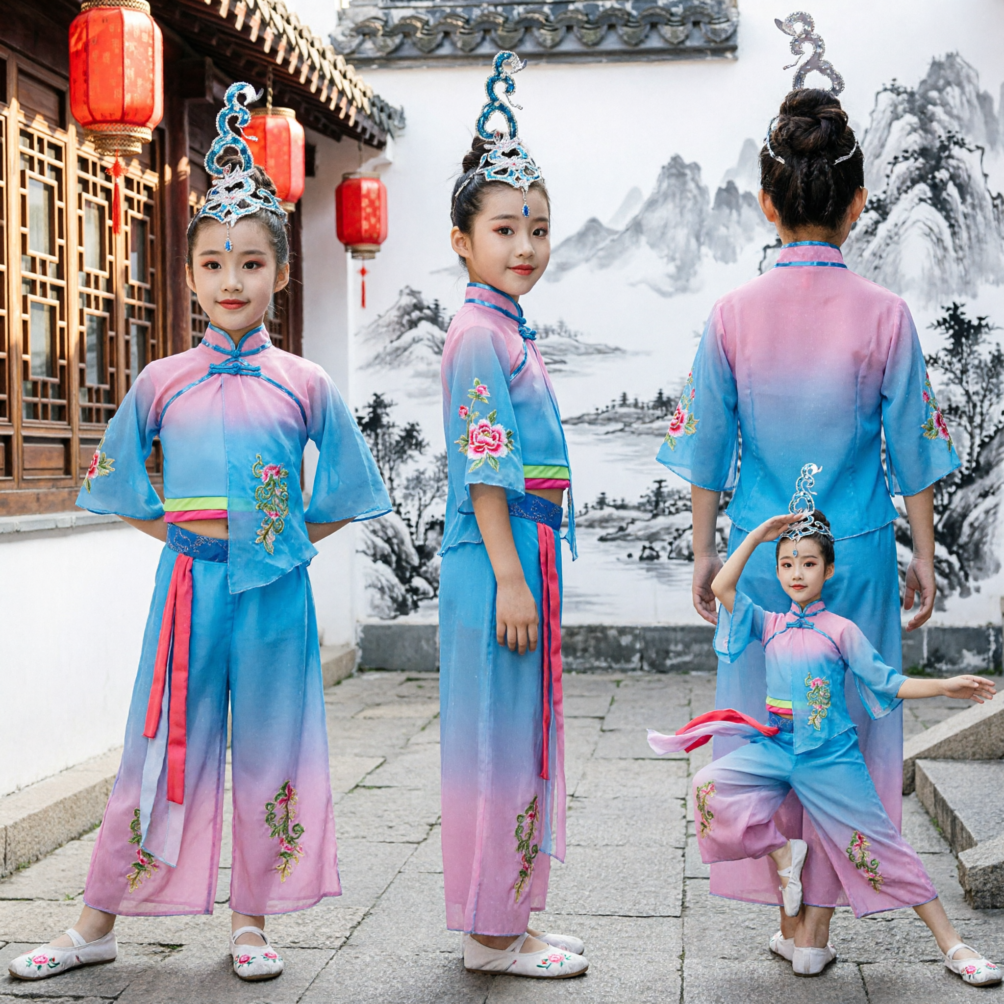 Traditional Chinese Dance Costume for Kids Girls Classical Folk Performance Outfit Gradient Blue Pink Embroidery Stage Wear - Asian Costume