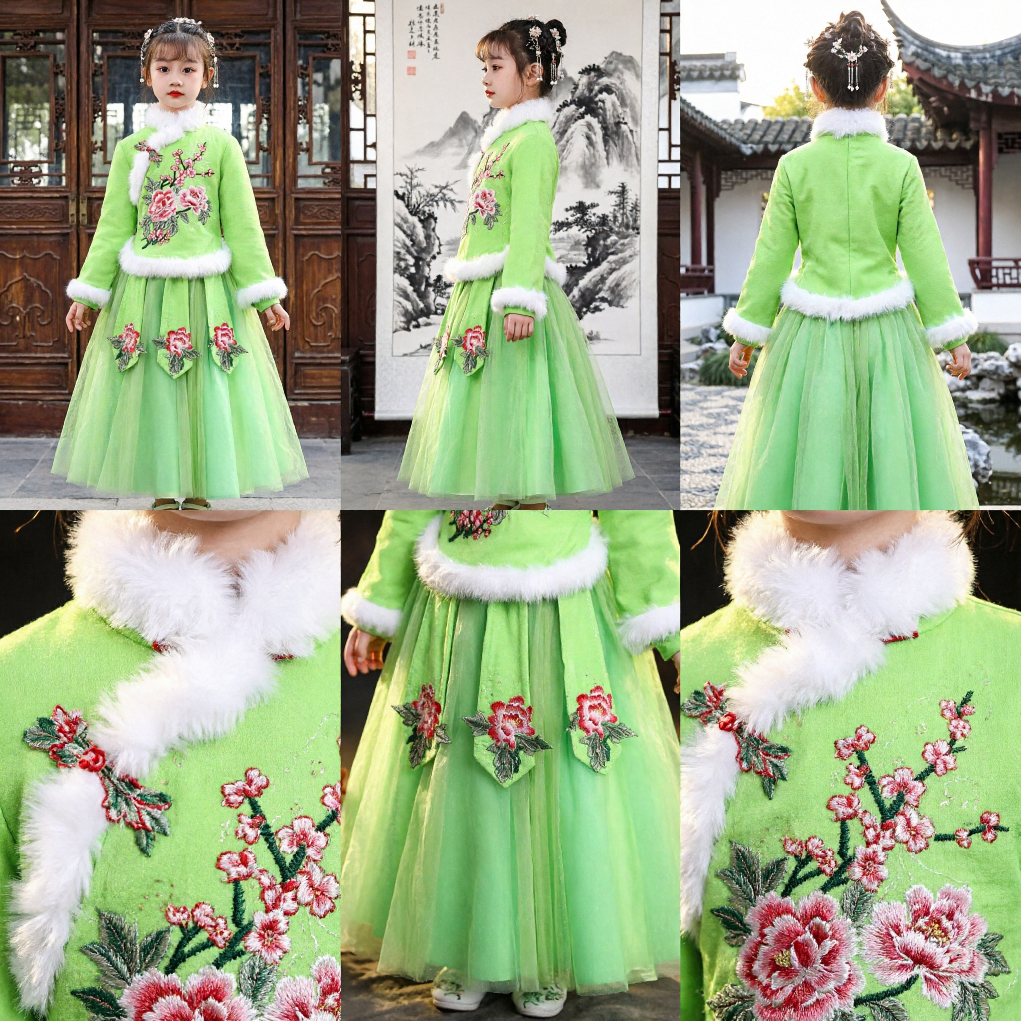 Girls Green Chinese Traditional Hanfu Costume Embroidered Floral Tang Suit Winter Warm Fur Trim New Year Outfit - Asian Costume