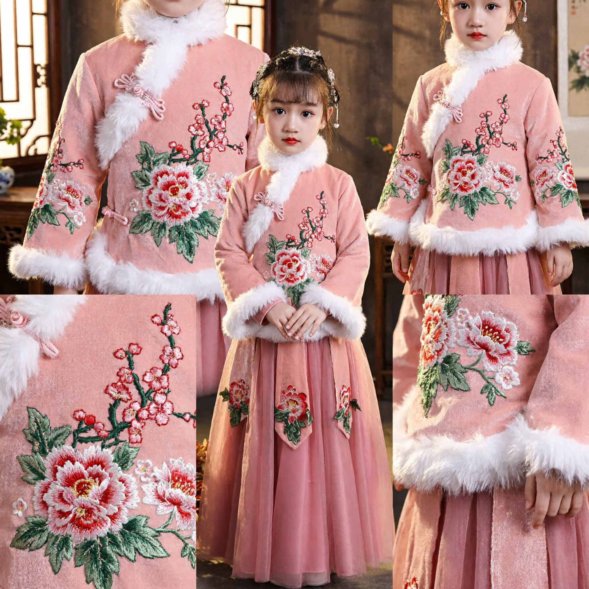 Girls Pink Winter Hanfu Set Chinese Traditional Tang Suit with Fur Trim Embroidery Dress for Kids New Year - Asian Costume