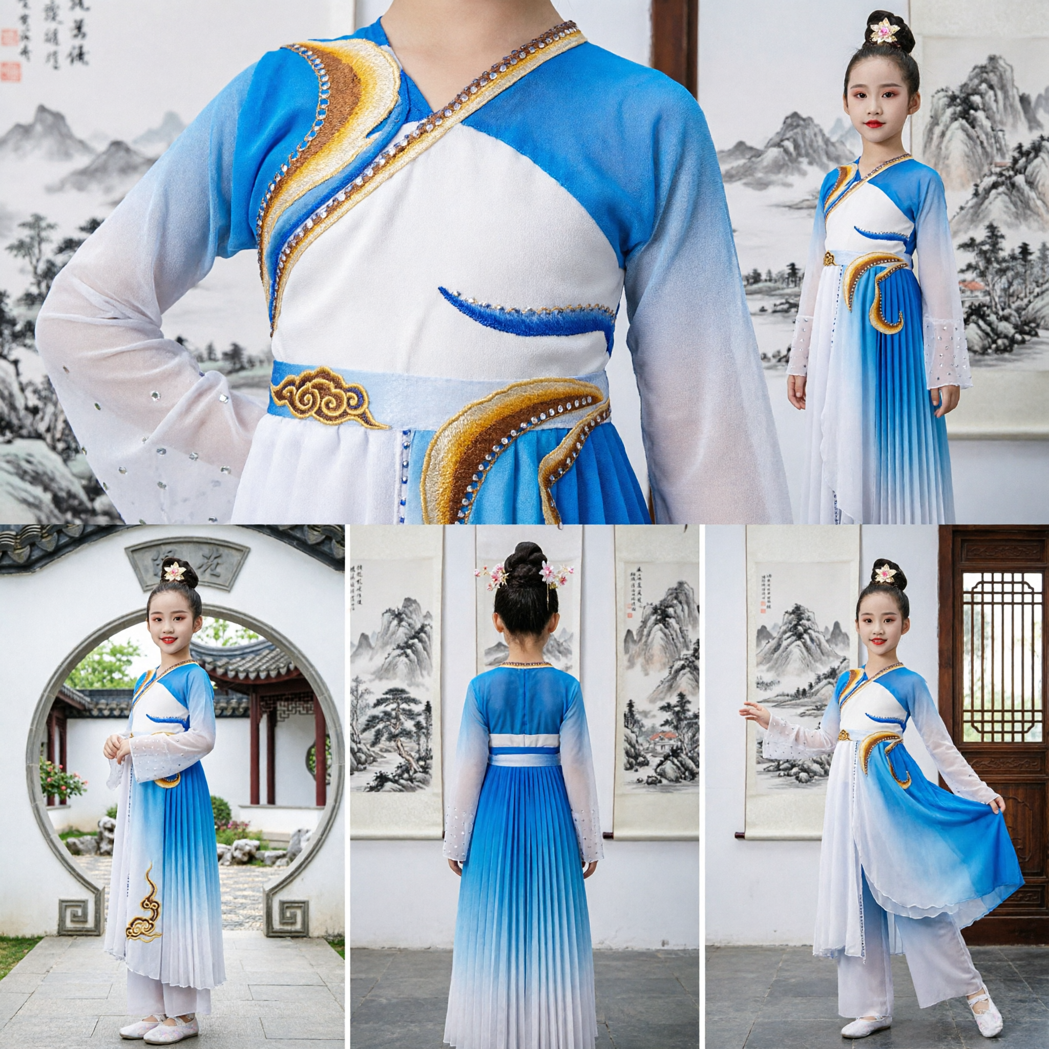 Chinese Classical Dance Costume for Girls Kids Traditional Hanfu Stage Performance Outfit Blue White Gradient Fan Dress - Asian Costume