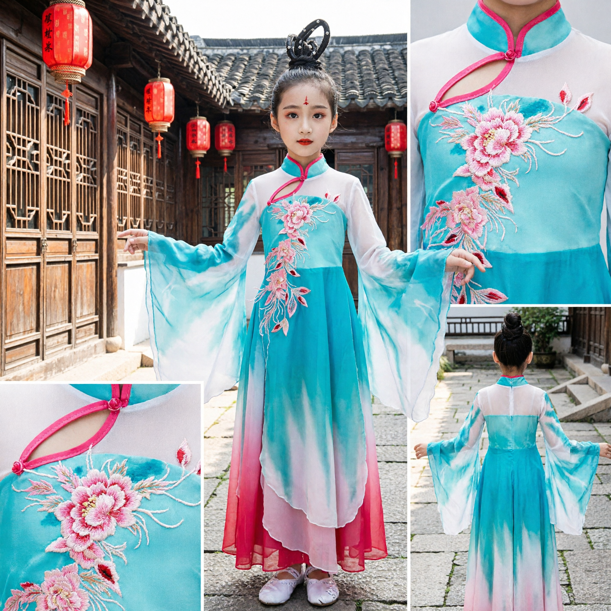 Kids Chinese Classical Dance Costume Girls Traditional Folk Dance Dress Gradient Blue Pink Hanfu Performance Outfit - Asian Costume