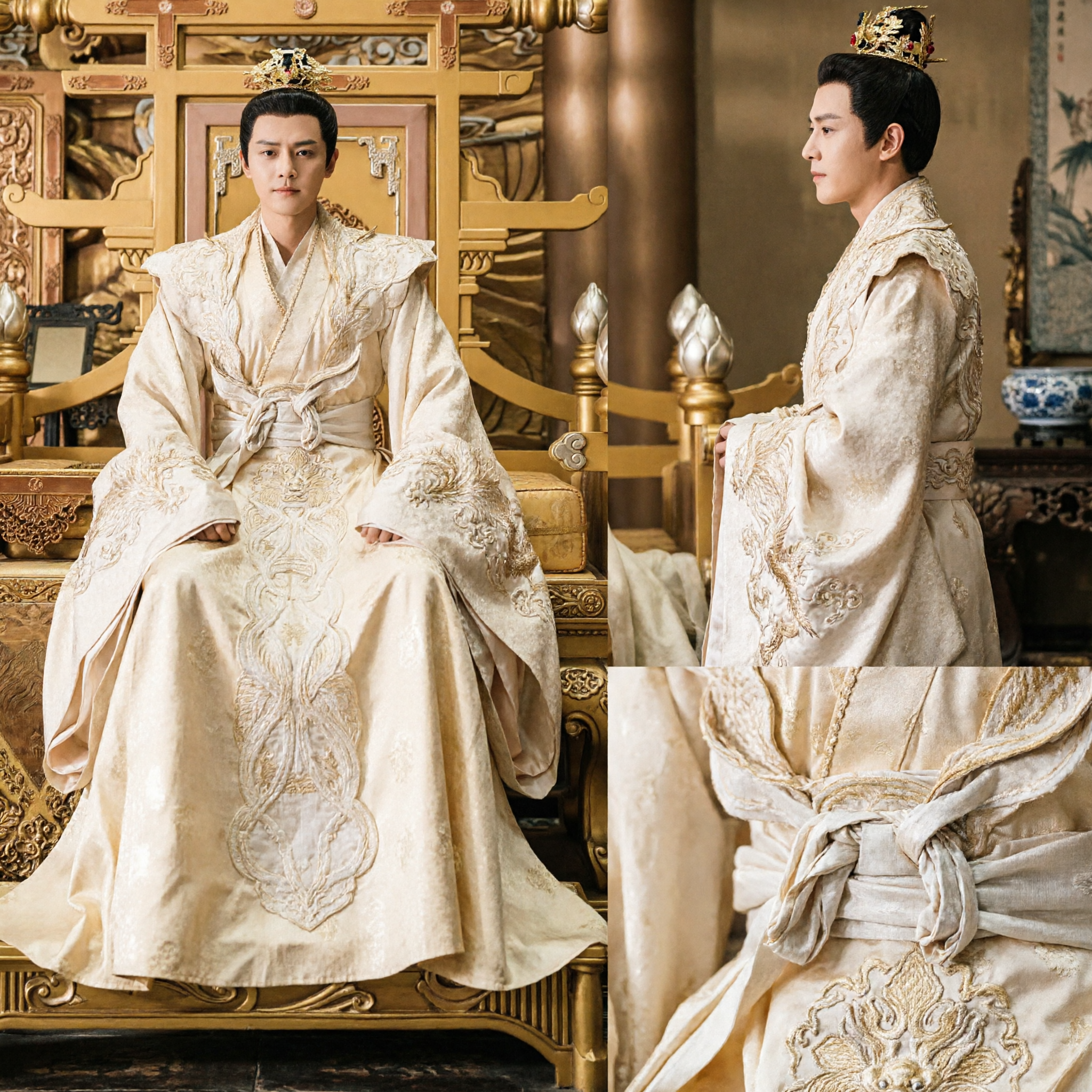 Traditional Chinese Ancient Emperor Hanfu Costume White Gold Royal Robe for Men Cosplay Drama - Asian Costume
