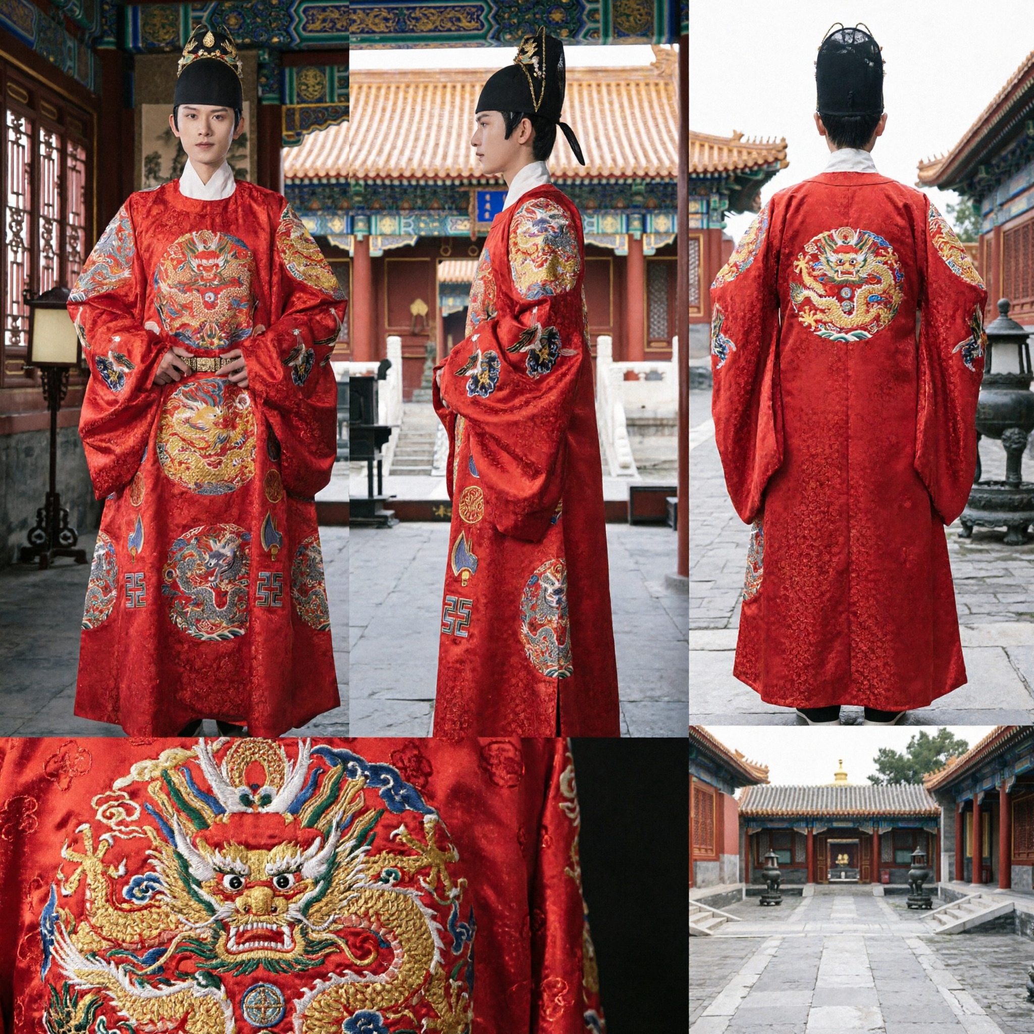 Ancient Chinese Ming Dynasty Emperor Red Dragon Robe Traditional Wedding Hanfu Costume for Men - Asian Costume