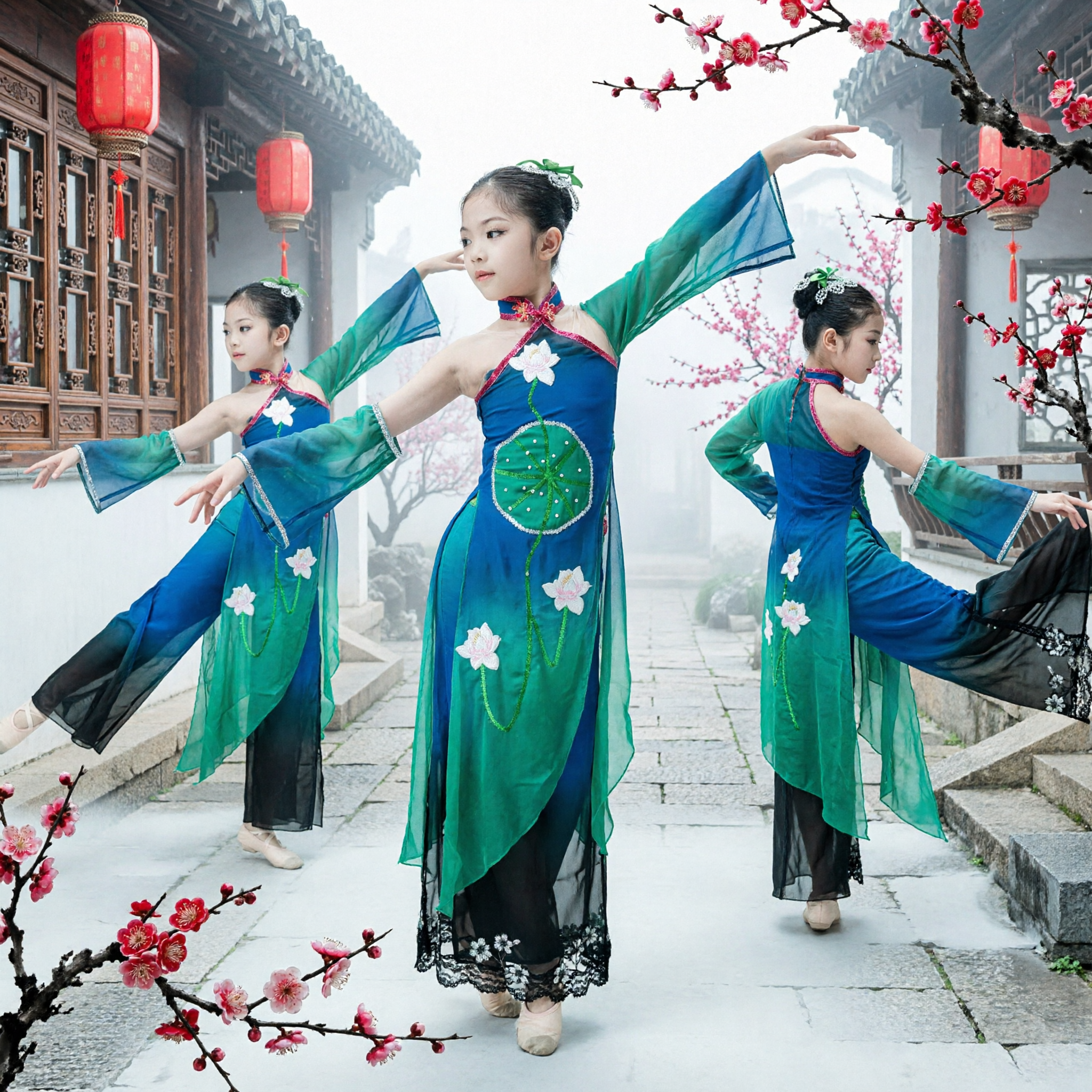 Chinese Classical Dance Costume for Girls Blue Lotus Cheongsam Dress Children Folk Dance Performance Outfit - Asian Costume