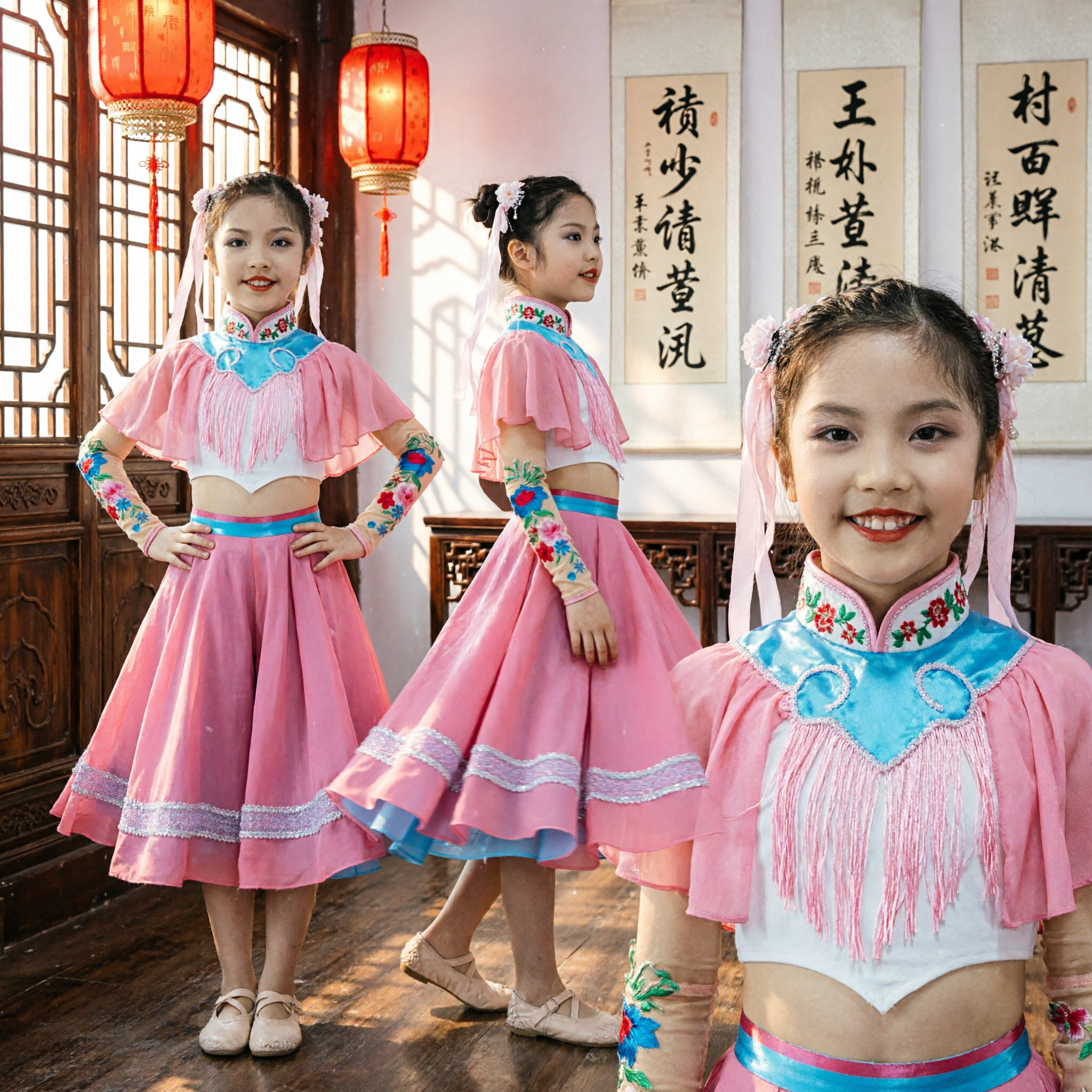 Girls Traditional Chinese Dance Costume Pink Xinjiang Folk Dress for Stage Performance and Cultural Shows - Asian Costume