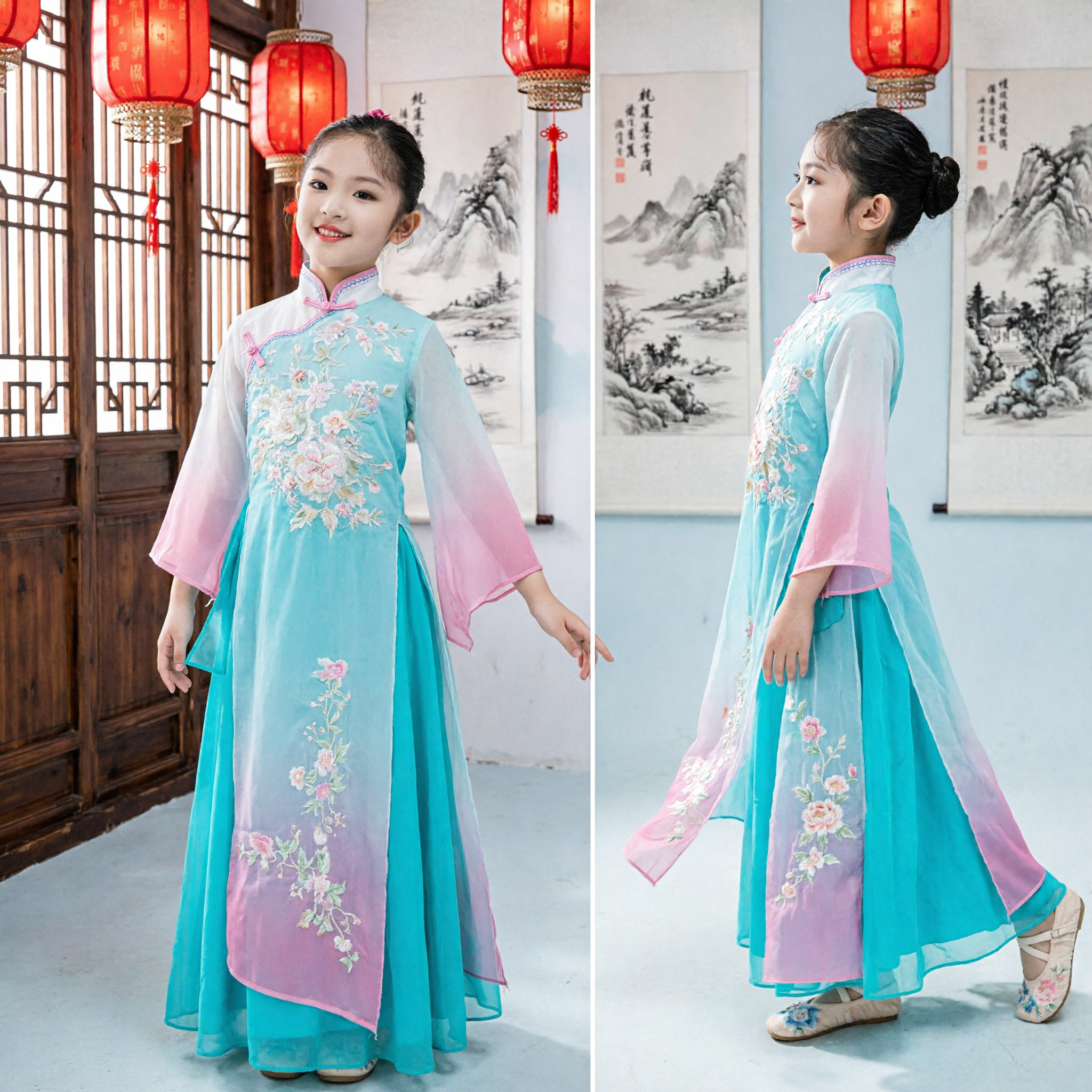Kids Girls Chinese Classical Dance Costume Traditional Gradient Blue Cheongsam Dress Stage Performance Outfit - Asian Costume