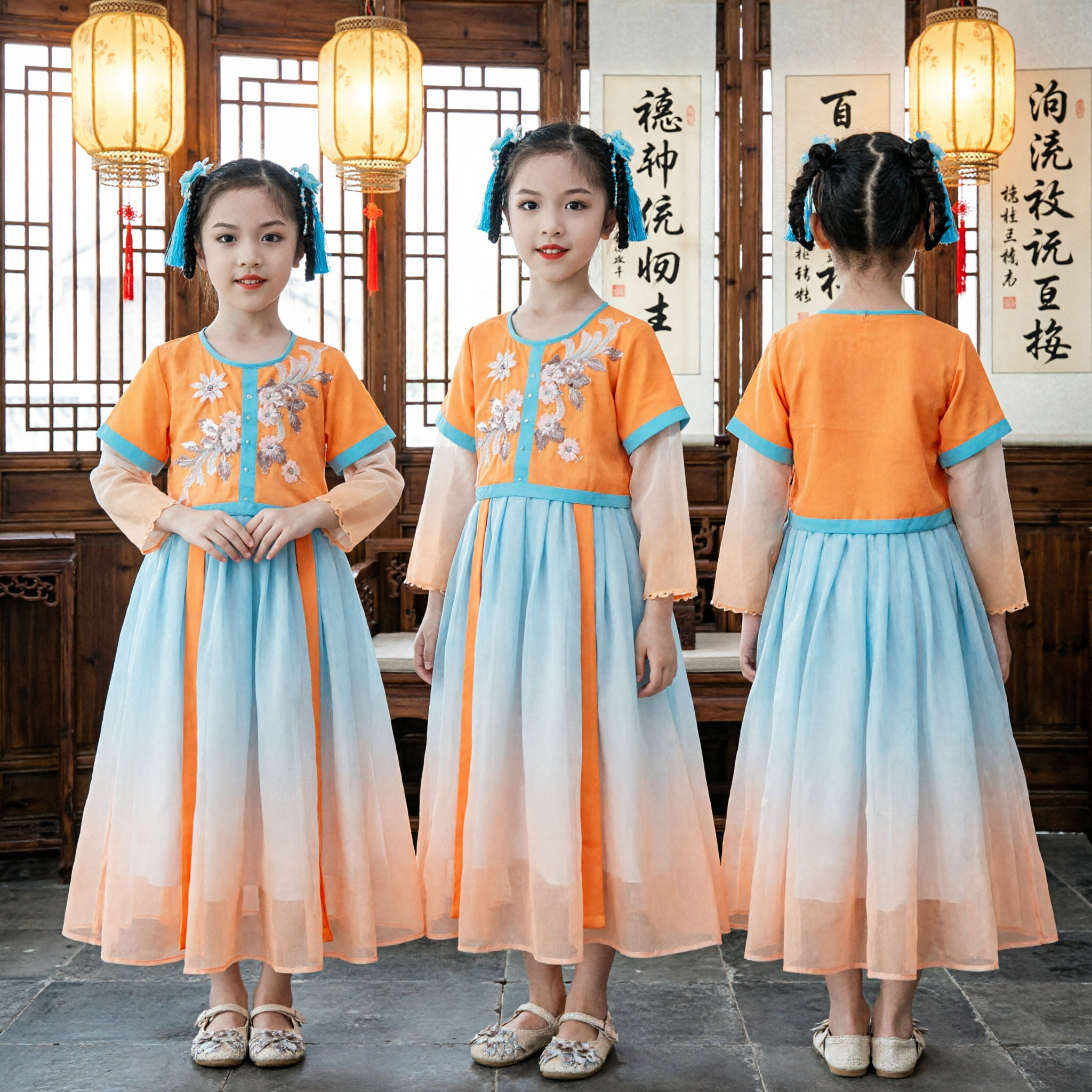 Chinese Traditional Hanfu Costume for Kids Girls Orange Ancient Dress Embroidered Top Gradient Skirt for Dance Performance - Asian Costume