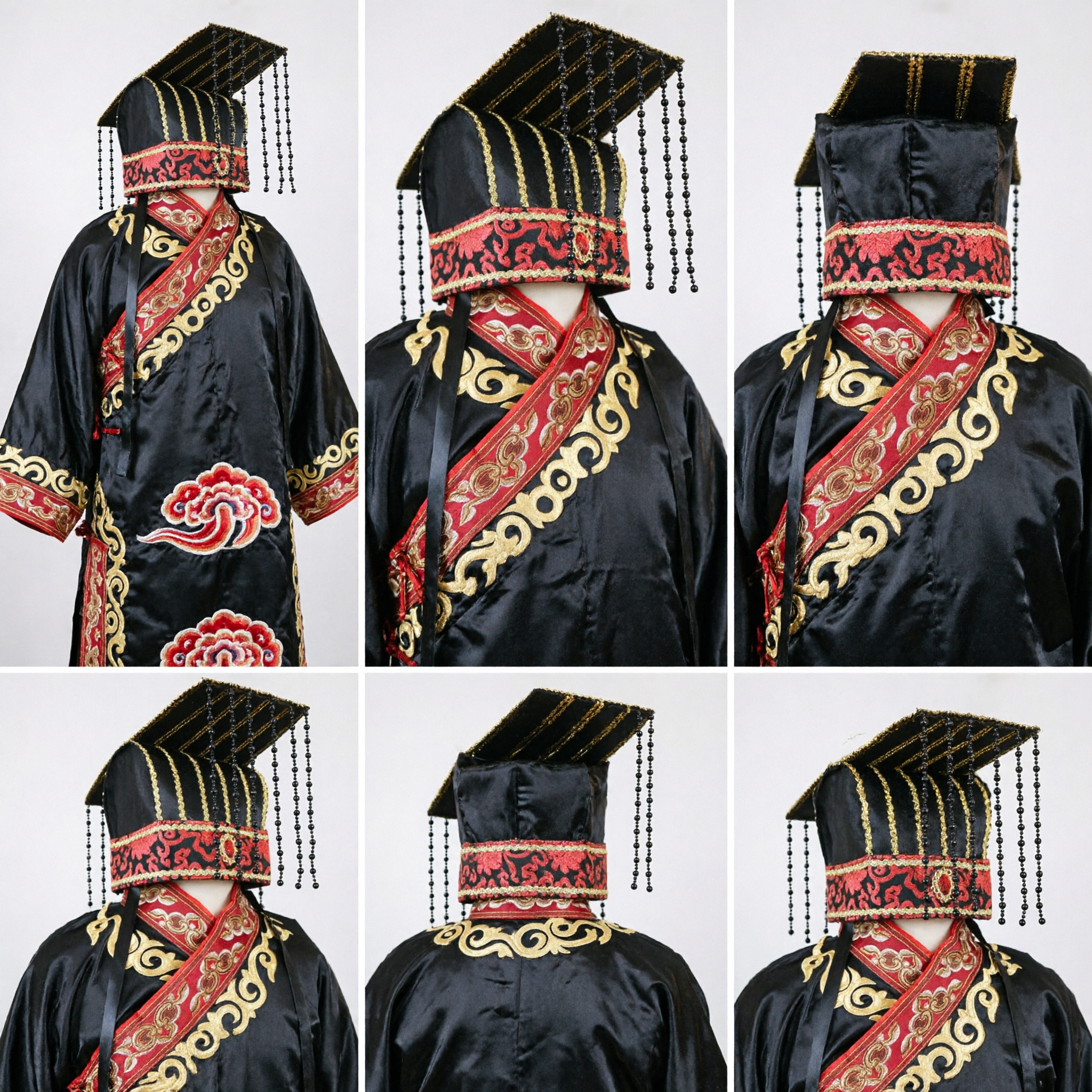 Traditional Chinese Emperor Crown Ancient Hanfu Headdress Black Gold Embroidery Ceremonial Costume Accessory for Men - Asian Costume