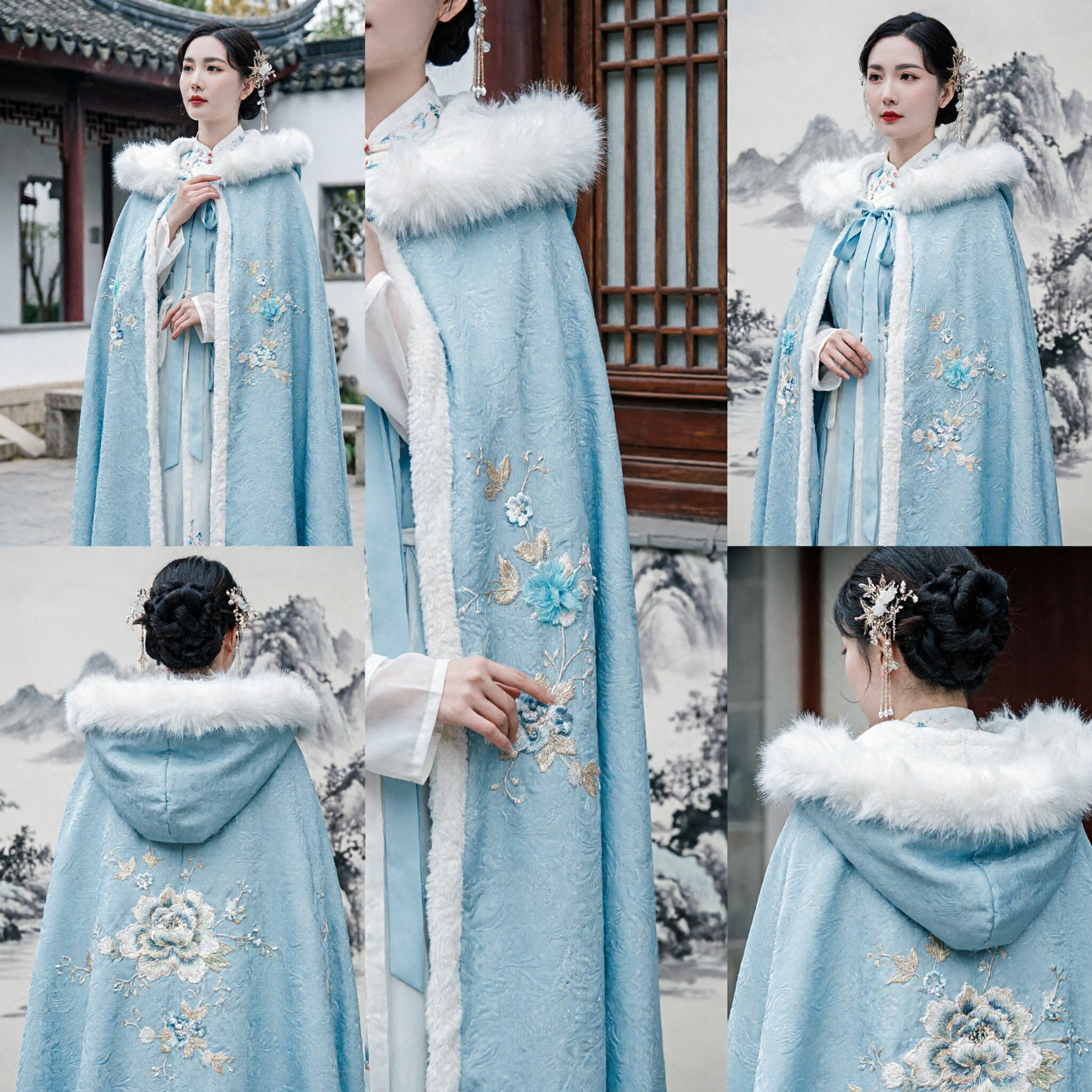 Elegant Traditional Chinese Hanfu Winter Cape with White Fur Trim and Floral Embroidery Ancient Costume for Women - Asian Costume