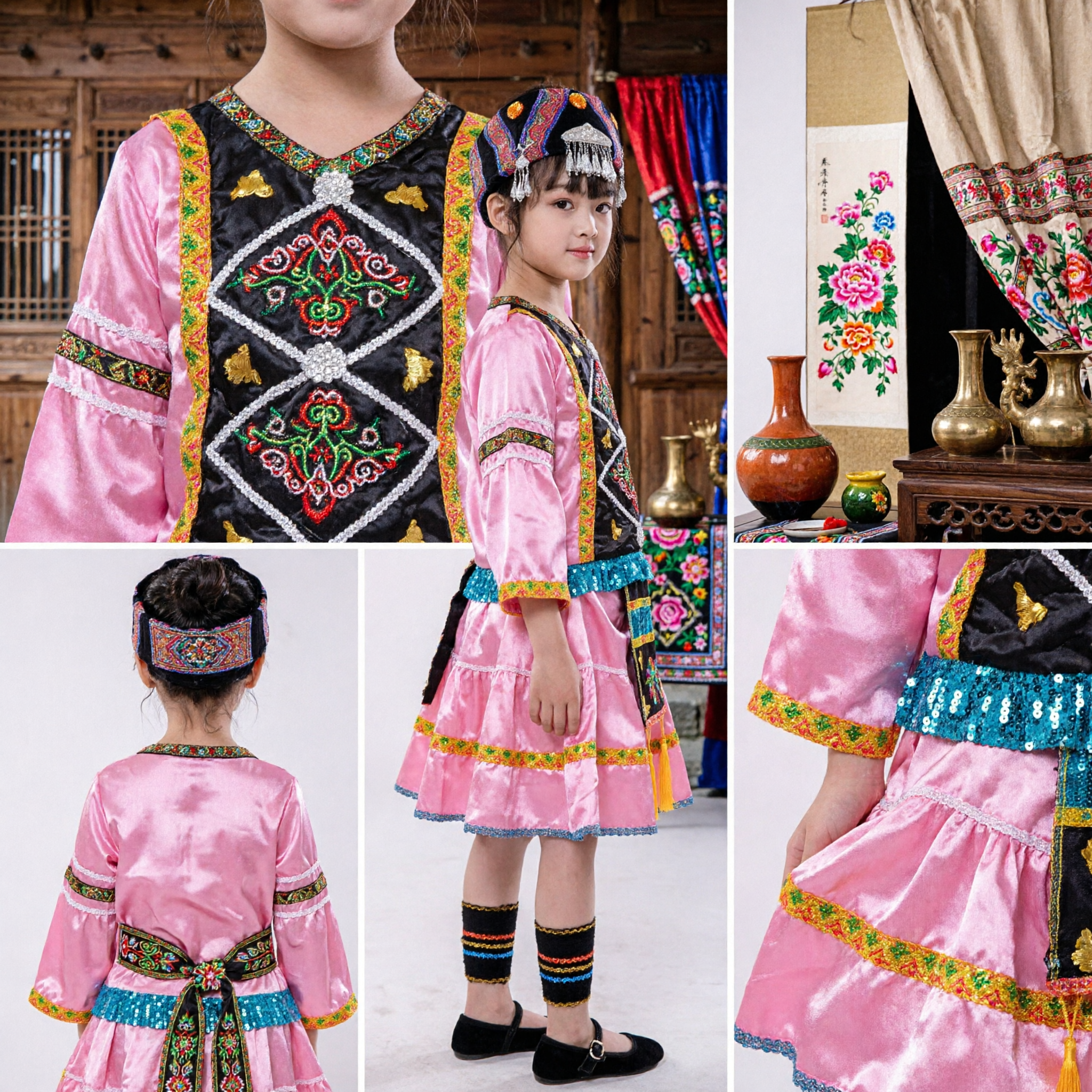 Chinese Ethnic Minority Folk Dance Costume for Girls Traditional Embroidered Pink Performance Outfit with Headdress - Asian Costume
