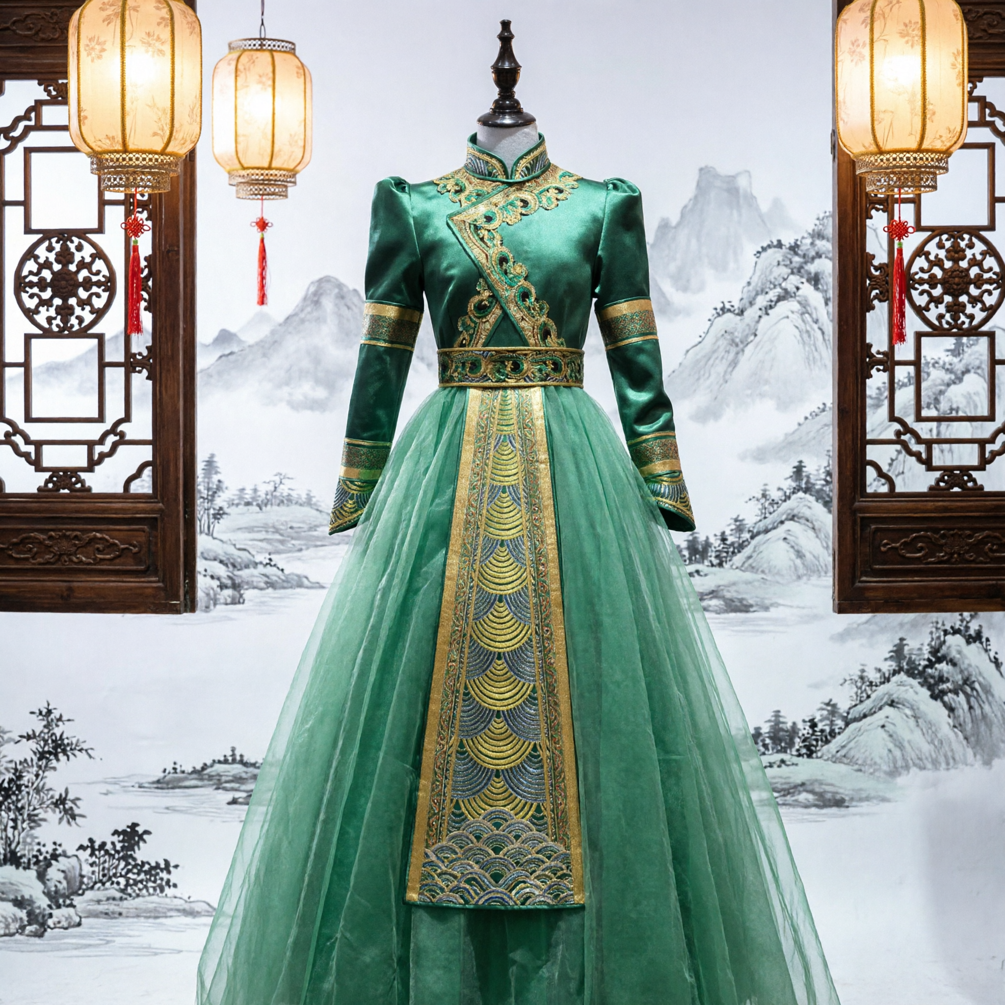 Traditional Mongolian Green Dance Costume with Gold Embroidery Stage Performance Dress for Women - Asian Costume