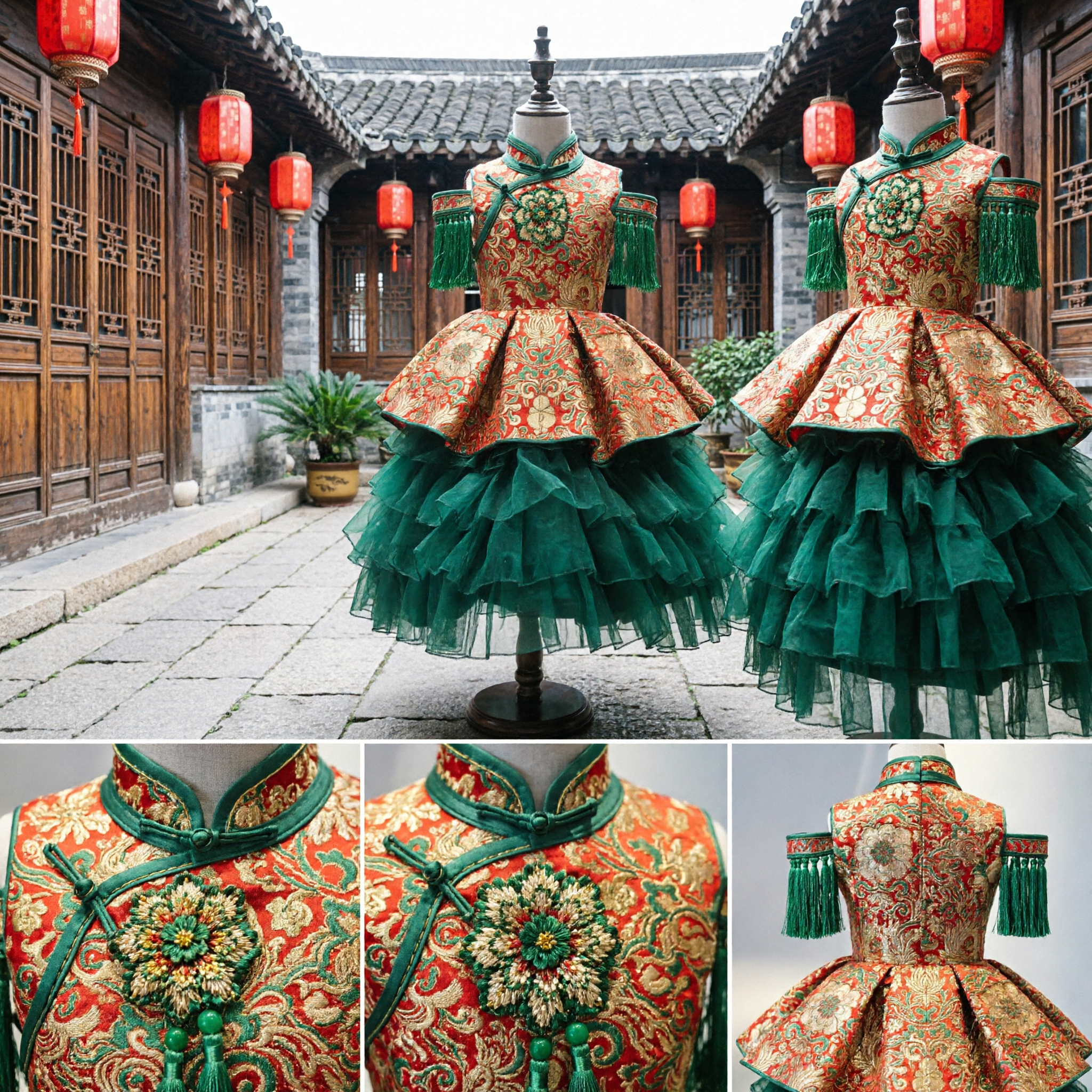 Girls Traditional Chinese Cheongsam Dress Red Gold Brocade Top Green Tulle Ballgown for Lunar New Year - Asian Costume