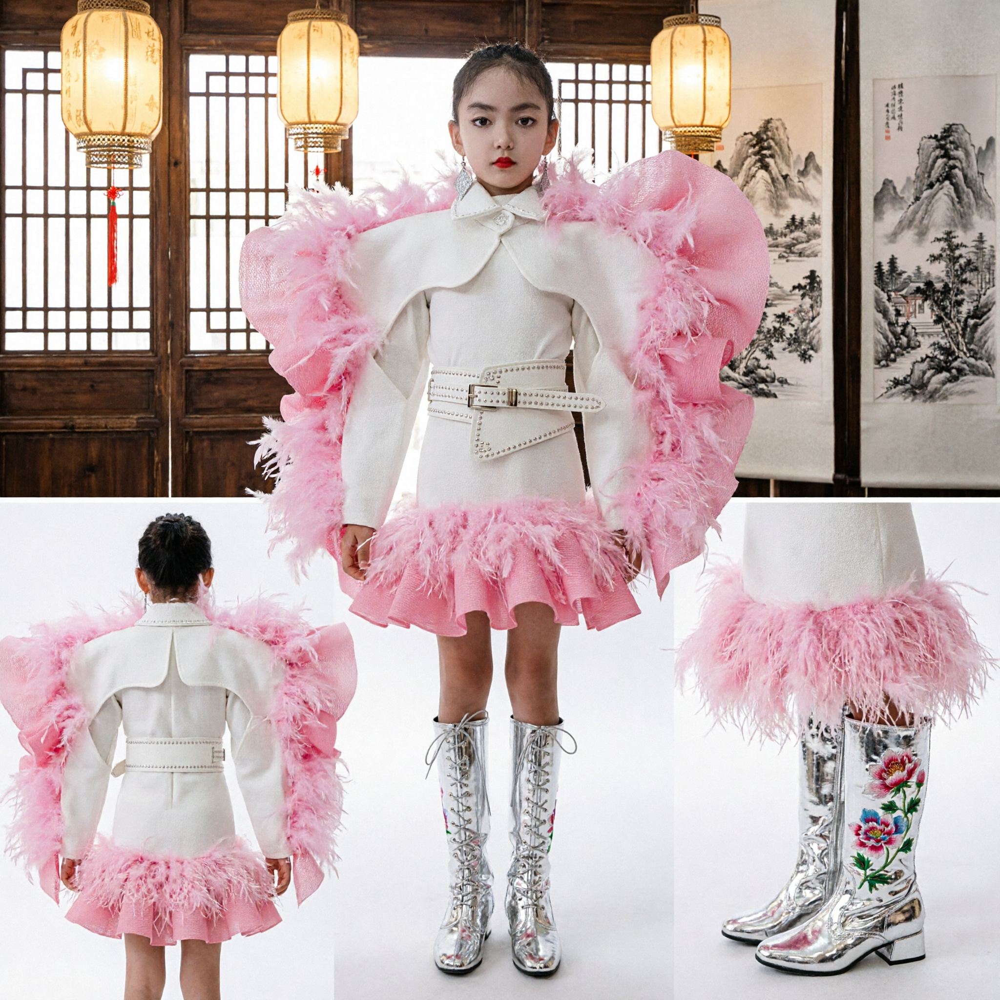 Girls Avant-Garde Pink Feather Wing Costume White Dress Stage Performance Runway Fashion Show Outfit - Asian Costume