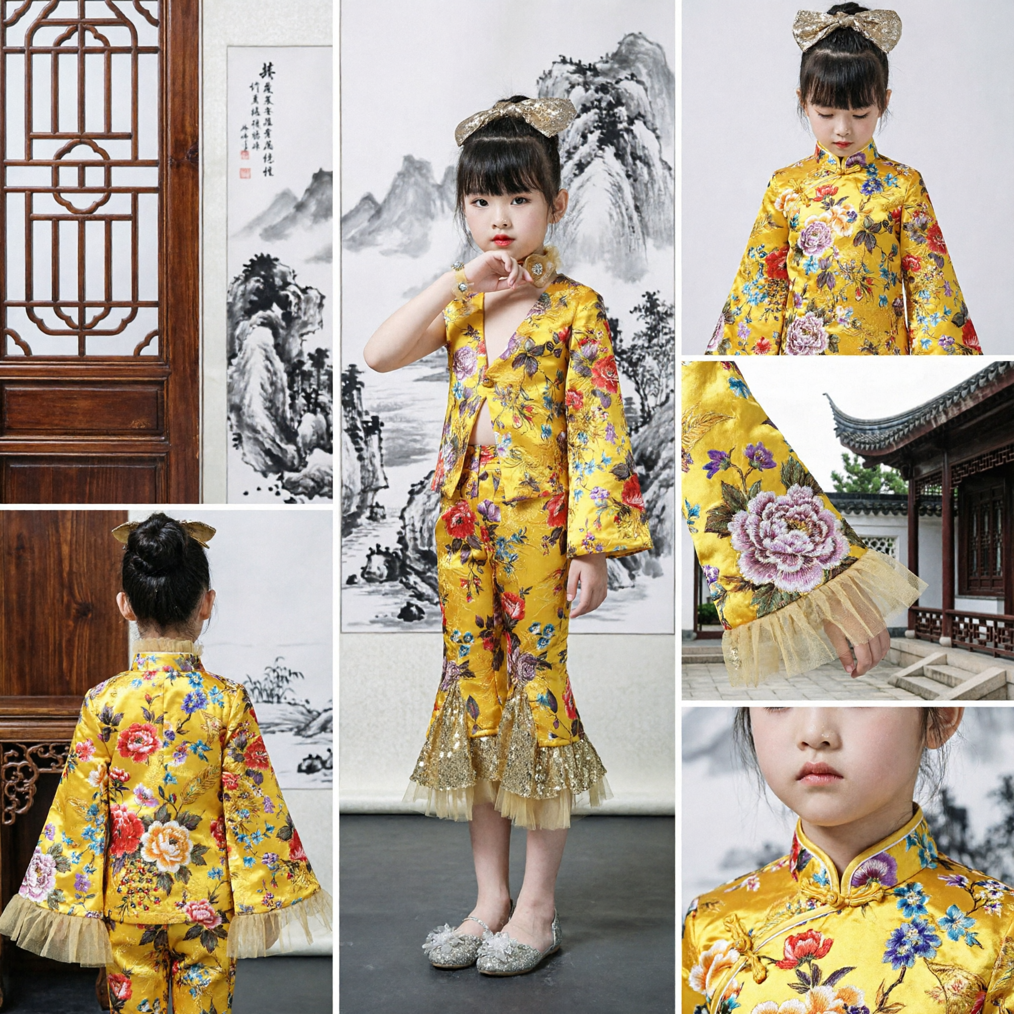 Girls Yellow Floral Chinese Traditional Dance Costume Bell Sleeve Jacket and Ruffle Pants Performance Set - Asian Costume