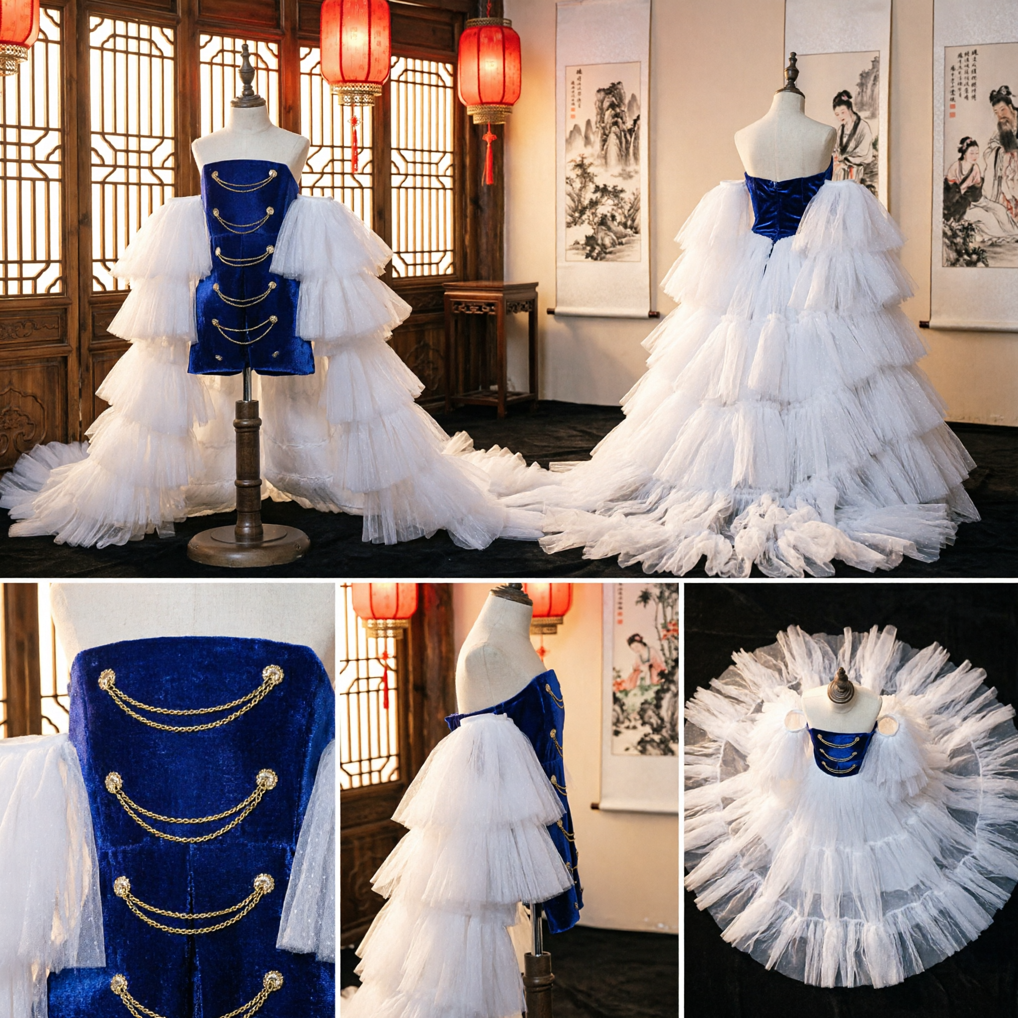 Royal Blue Velvet and White Tiered Tulle Ruffle Historical Court Costume Dress for Stage Performance - Asian Costume
