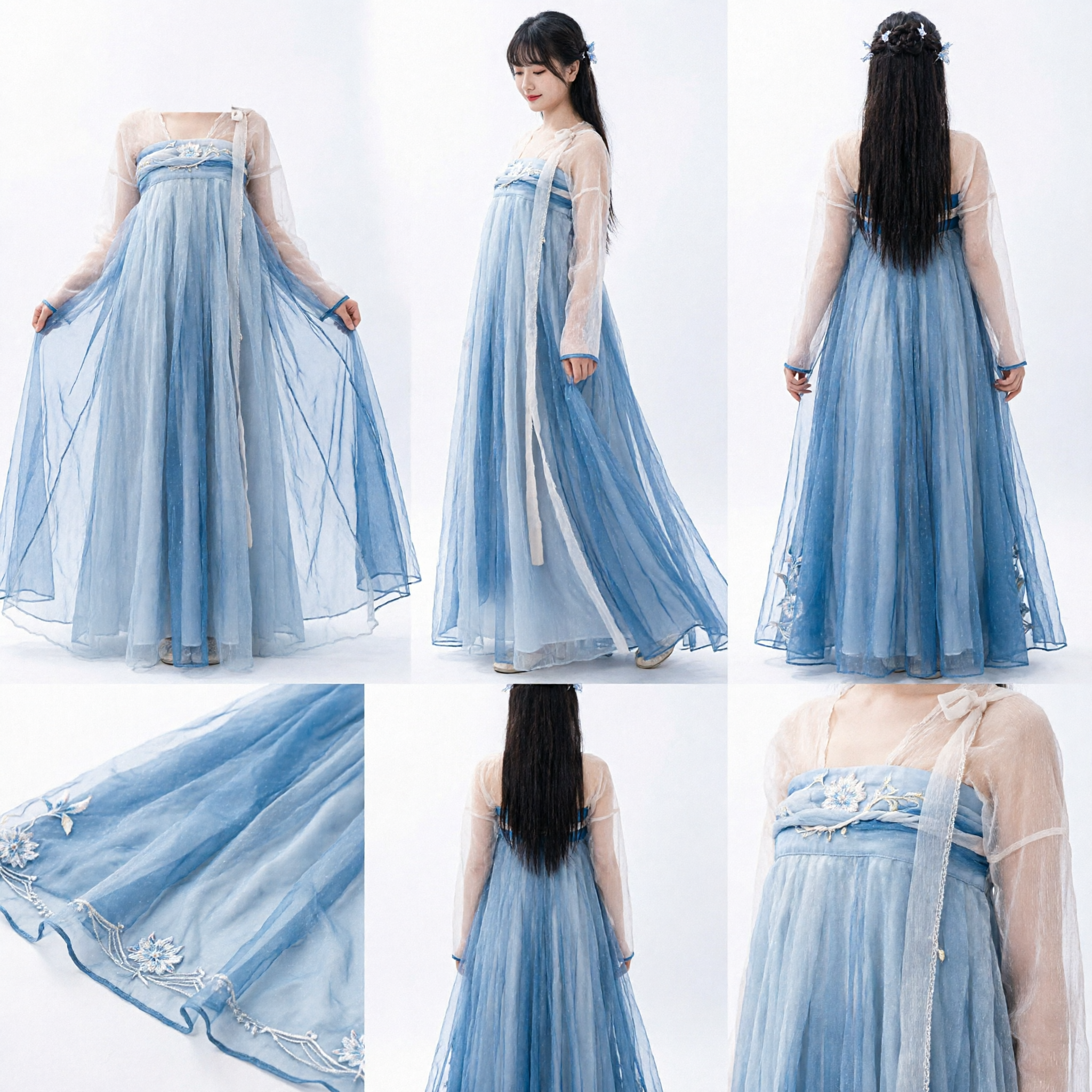 Elegant Women's Ancient Chinese Hanfu Fairy Dress Blue Gradient Tulle Gown Traditional Costume for Photography - Asian Costume