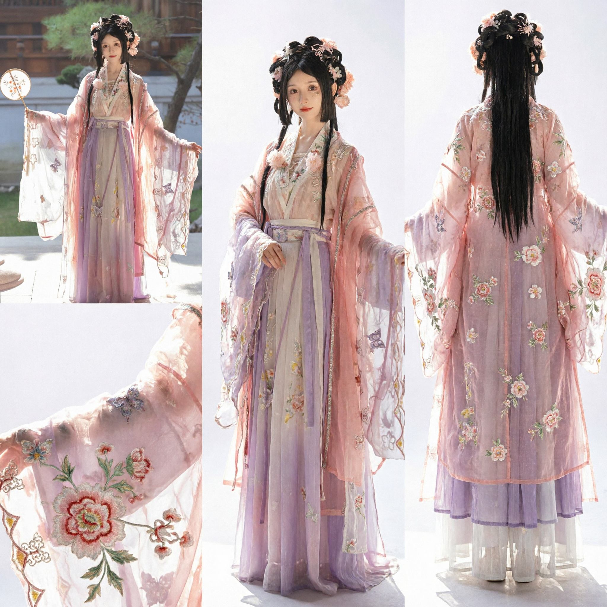 Traditional Chinese Hanfu Tang Dynasty Ancient Costume Pink Purple Gradient Embroidered Dress for Women Cosplay - Asian Costume