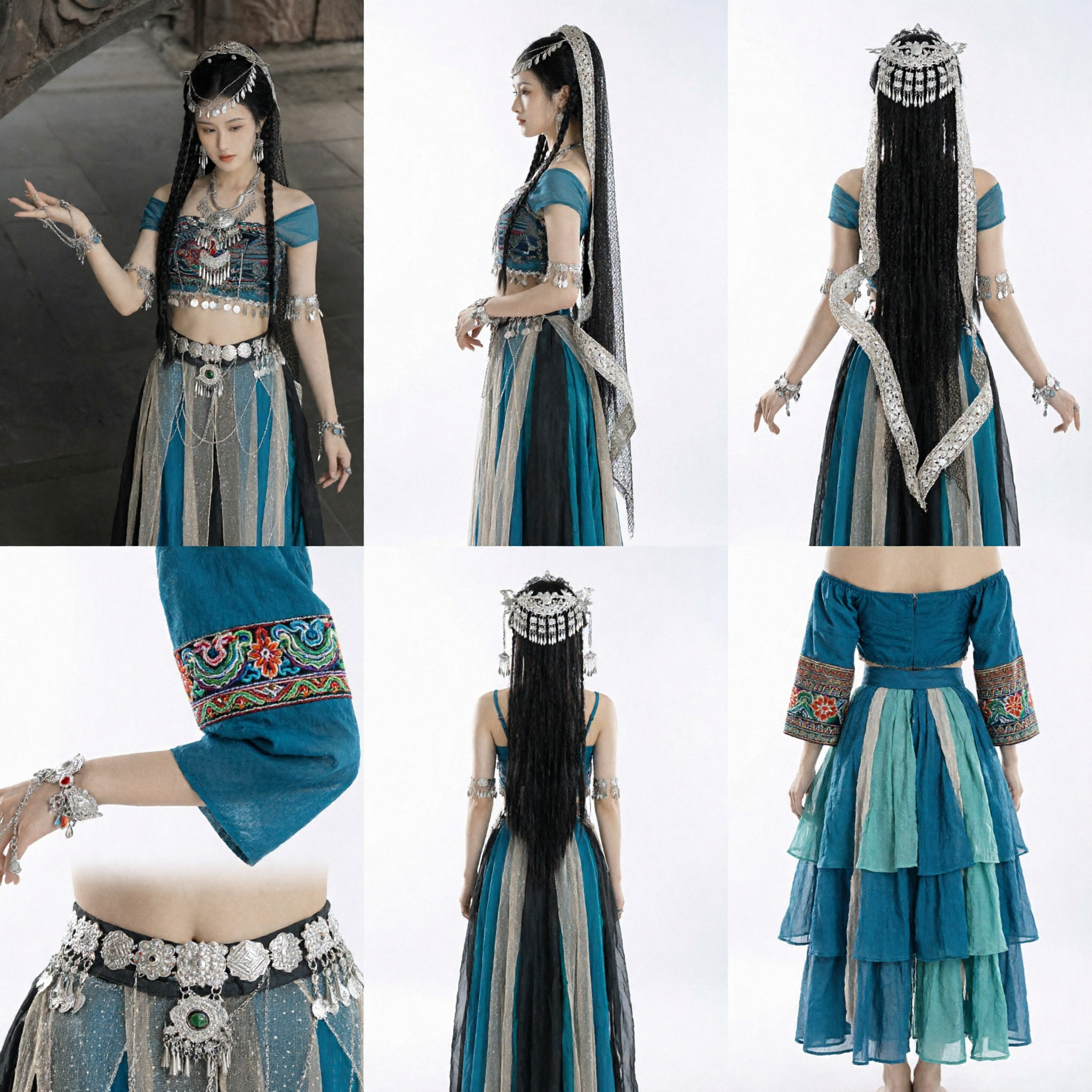 Traditional Chinese Dunhuang Dance Costume Blue Xiyu Princess Ethnic Stage Performance Outfit with Silver Accessories for Women - Asian Costume