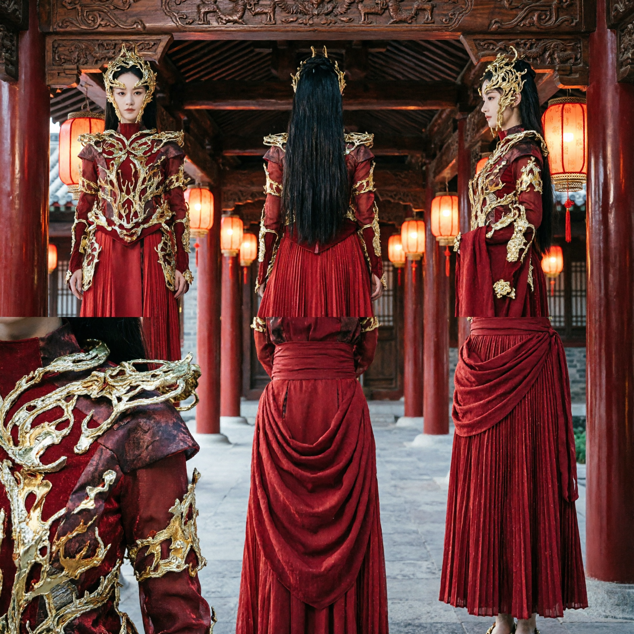 Exquisite Chinese Fantasy Red Warrior Princess Costume with Gold Armor and Crown for Cosplay Performance - Asian Costume