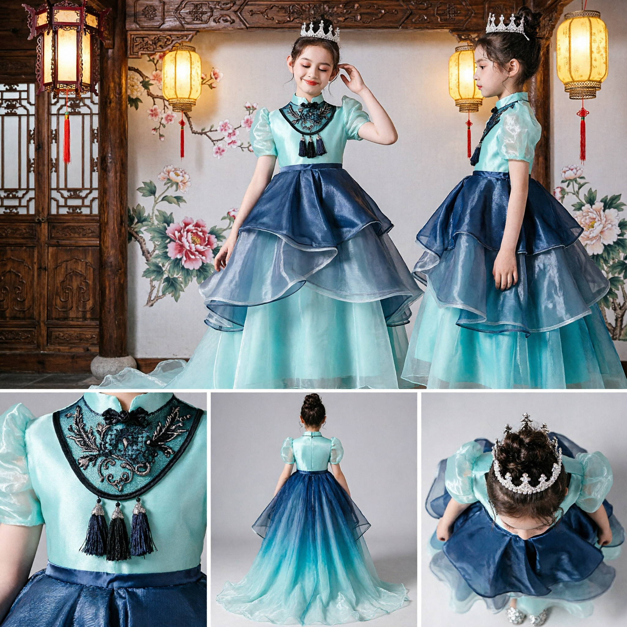 Kids Girls Blue Cheongsam Dress Traditional Chinese Formal Gown with Tulle Skirt for Pageant - Asian Costume