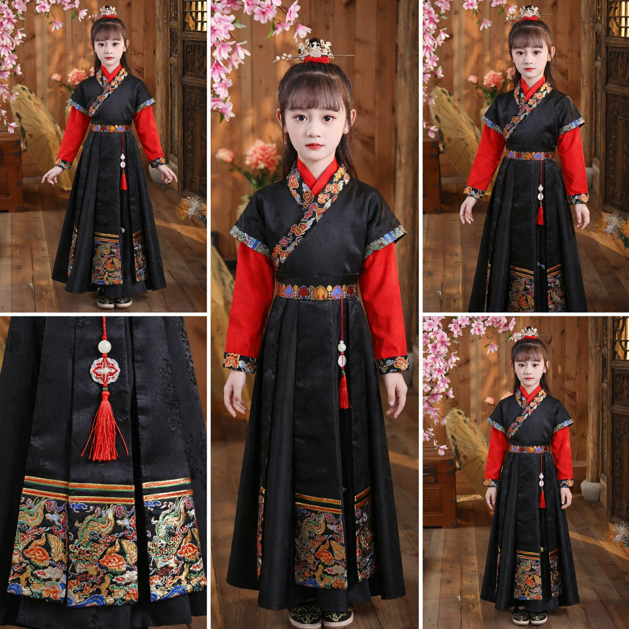 Chinese Traditional Hanfu Costume for Girls Black and Red Ancient Dress with Embroidery for Kids Performance - Asian Costume