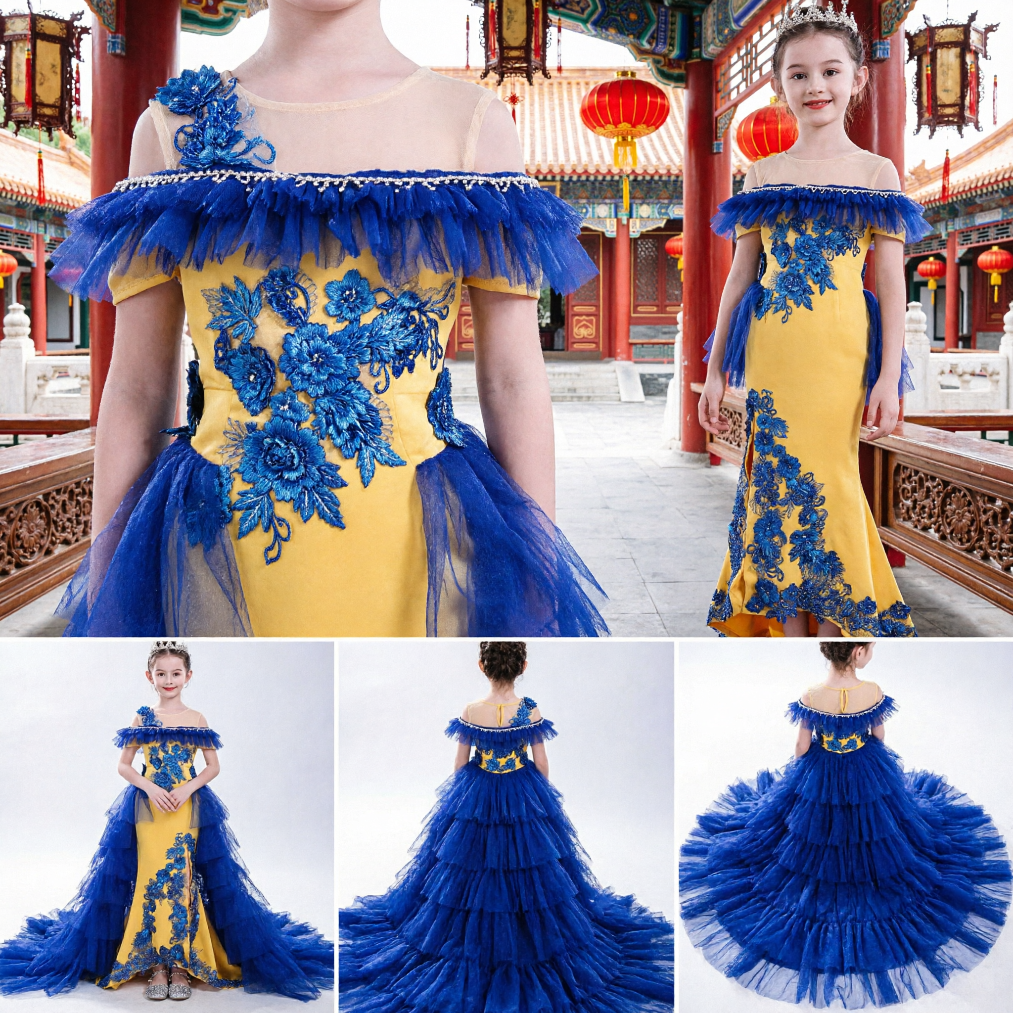 Girls Royal Blue and Yellow Floral Mermaid Evening Gown Off-Shoulder Pageant Dress with Tulle Train - Asian Costume