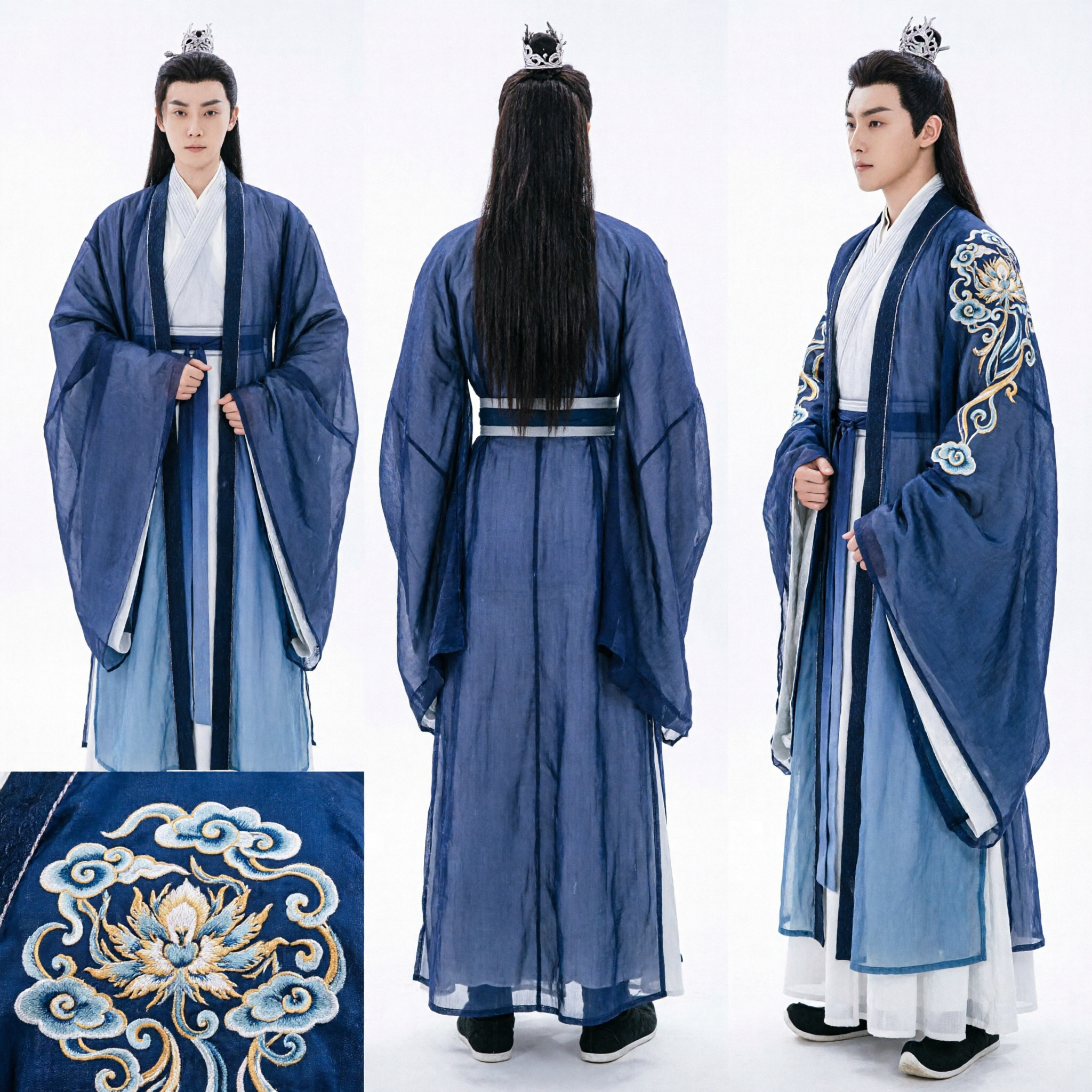 Men's Ancient Chinese Hanfu Costume Blue Scholar Robe Traditional Clothing for Cosplay and Drama Performance - Asian Costume