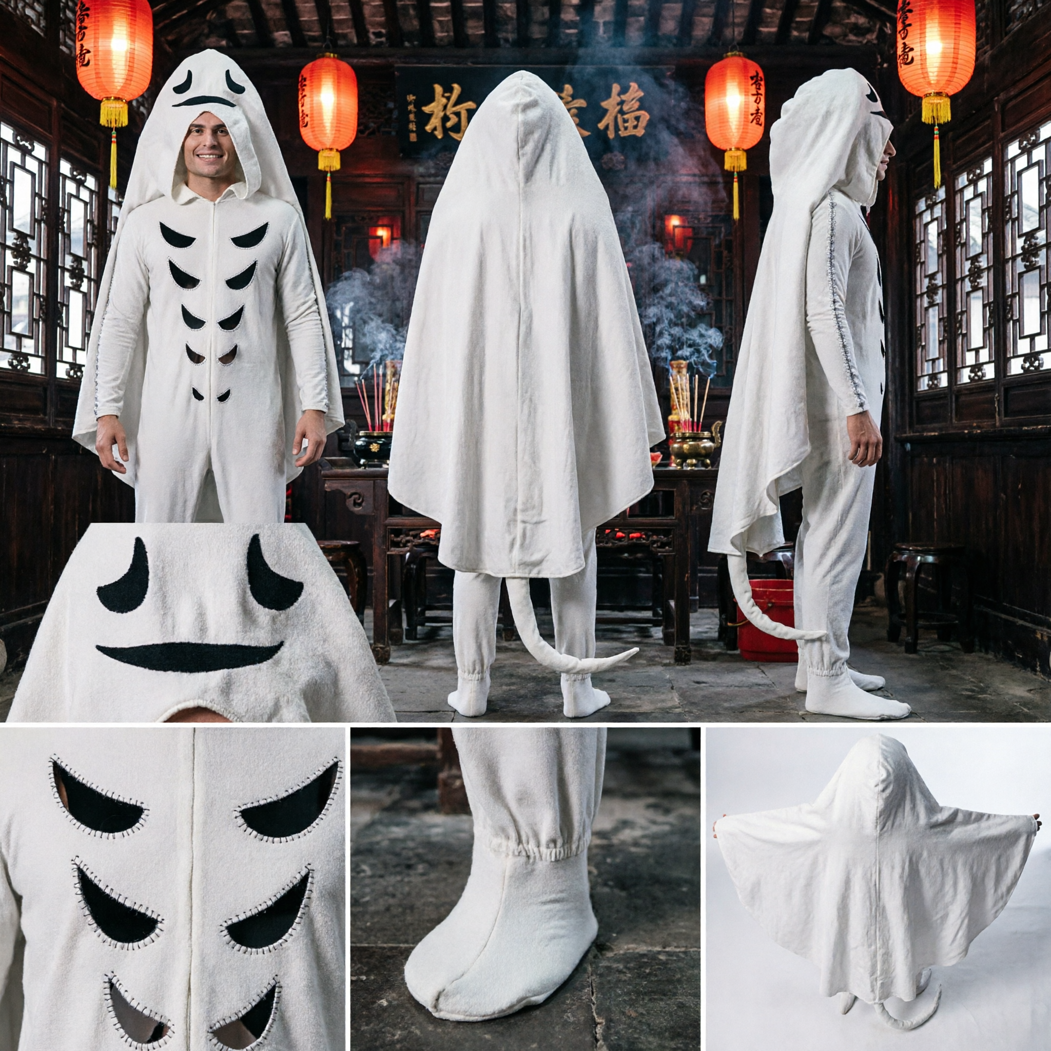 Adult White Ghost Costume with Skeletal Ribs and Hooded Cape for Halloween Cosplay Parties - Asian Costume