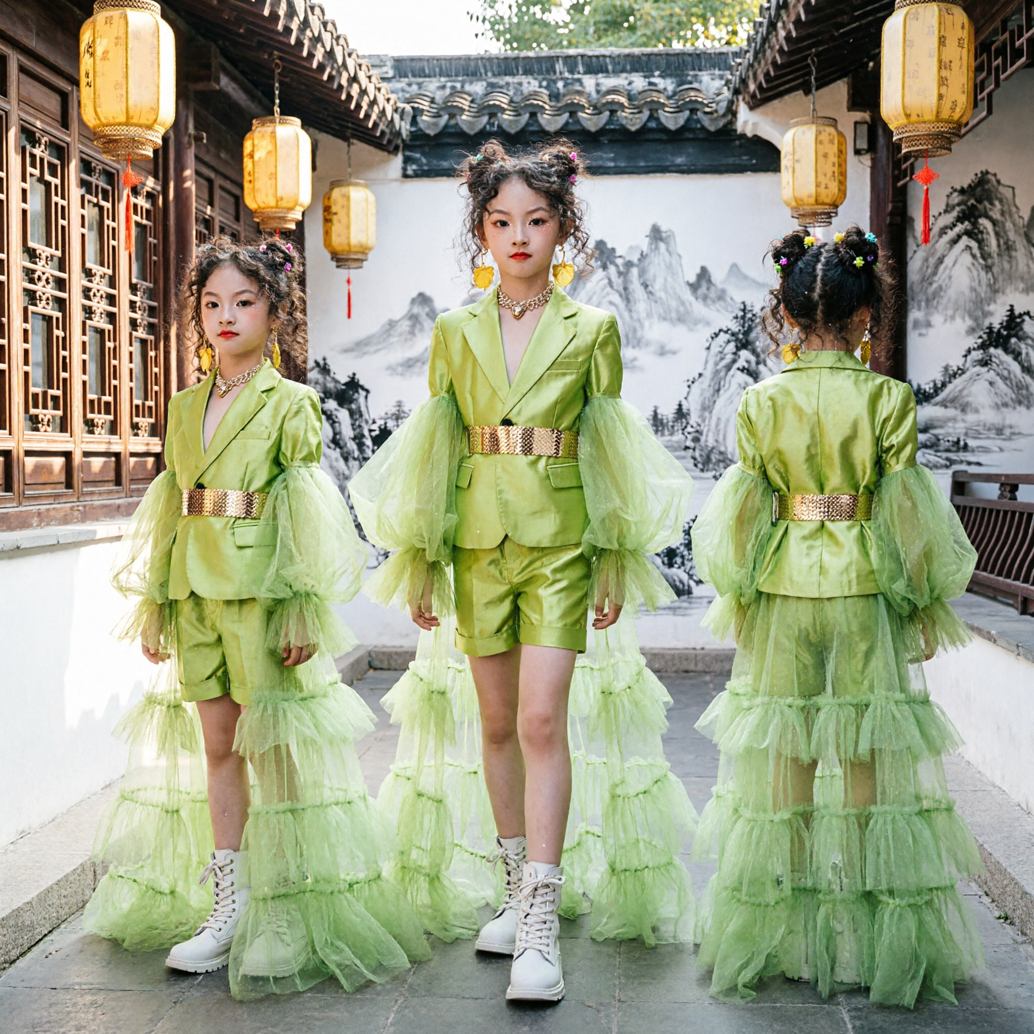 Kids Girls Lime Green Stage Performance Outfit Modern Singer Blazer Set with Dramatic Tulle Sleeves - Asian Costume