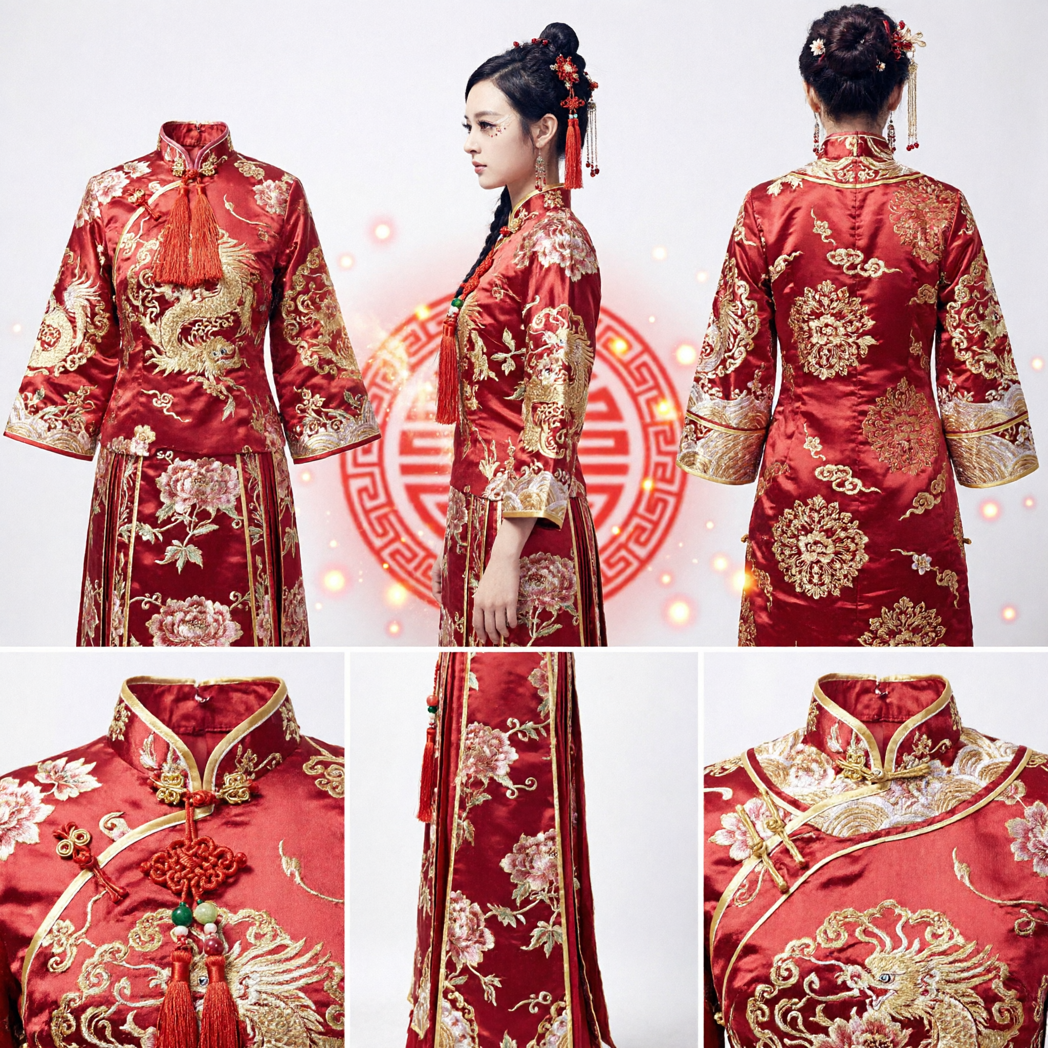 Elegant Red Traditional Chinese Qipao Dress Women's Embroidered Cheongsam Costume for Wedding and New Year Celebration - Asian Costume