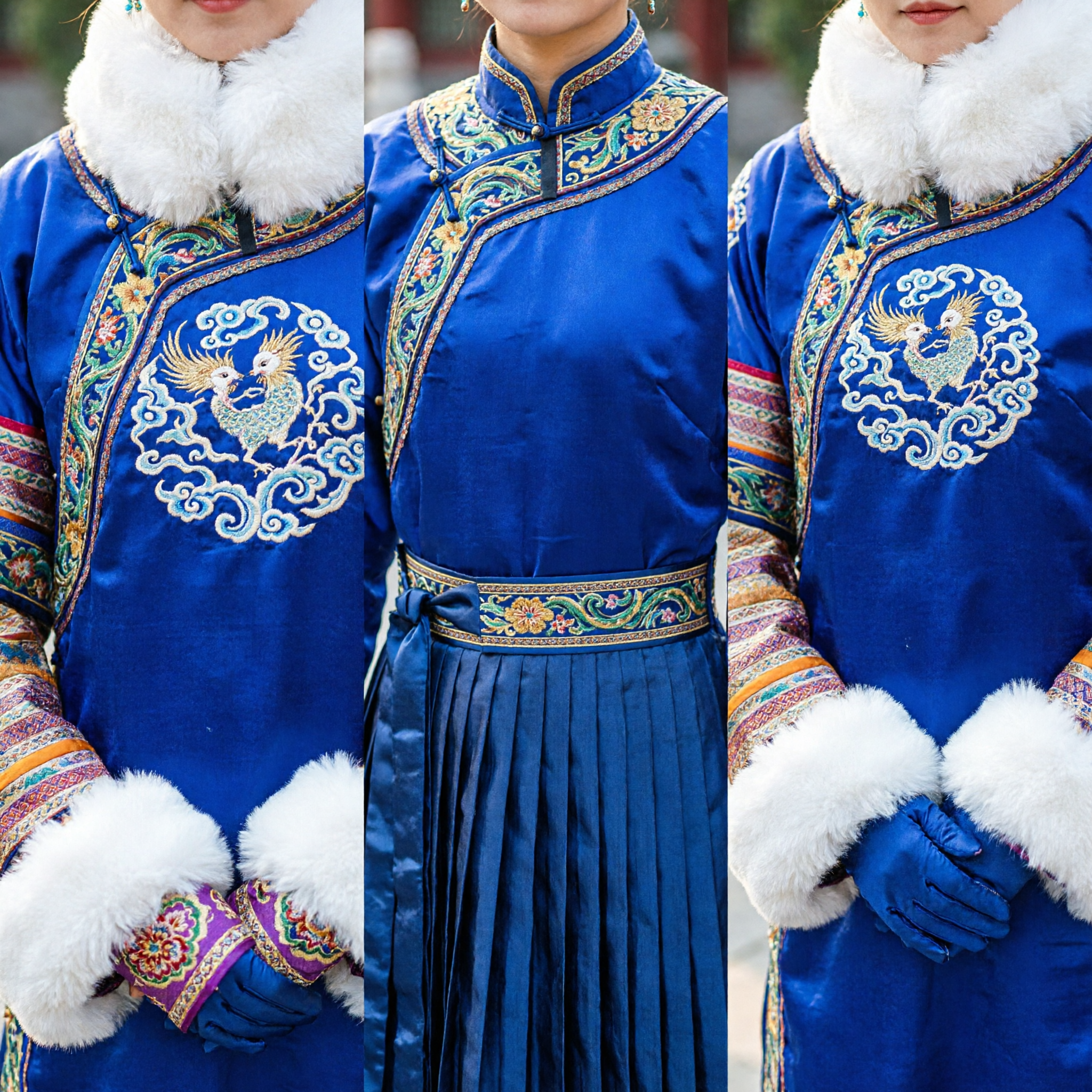 Traditional Chinese Qing Dynasty Empress Blue Robe Costume with Fur Trim for Women Ancient Palace Cosplay - Asian Costume