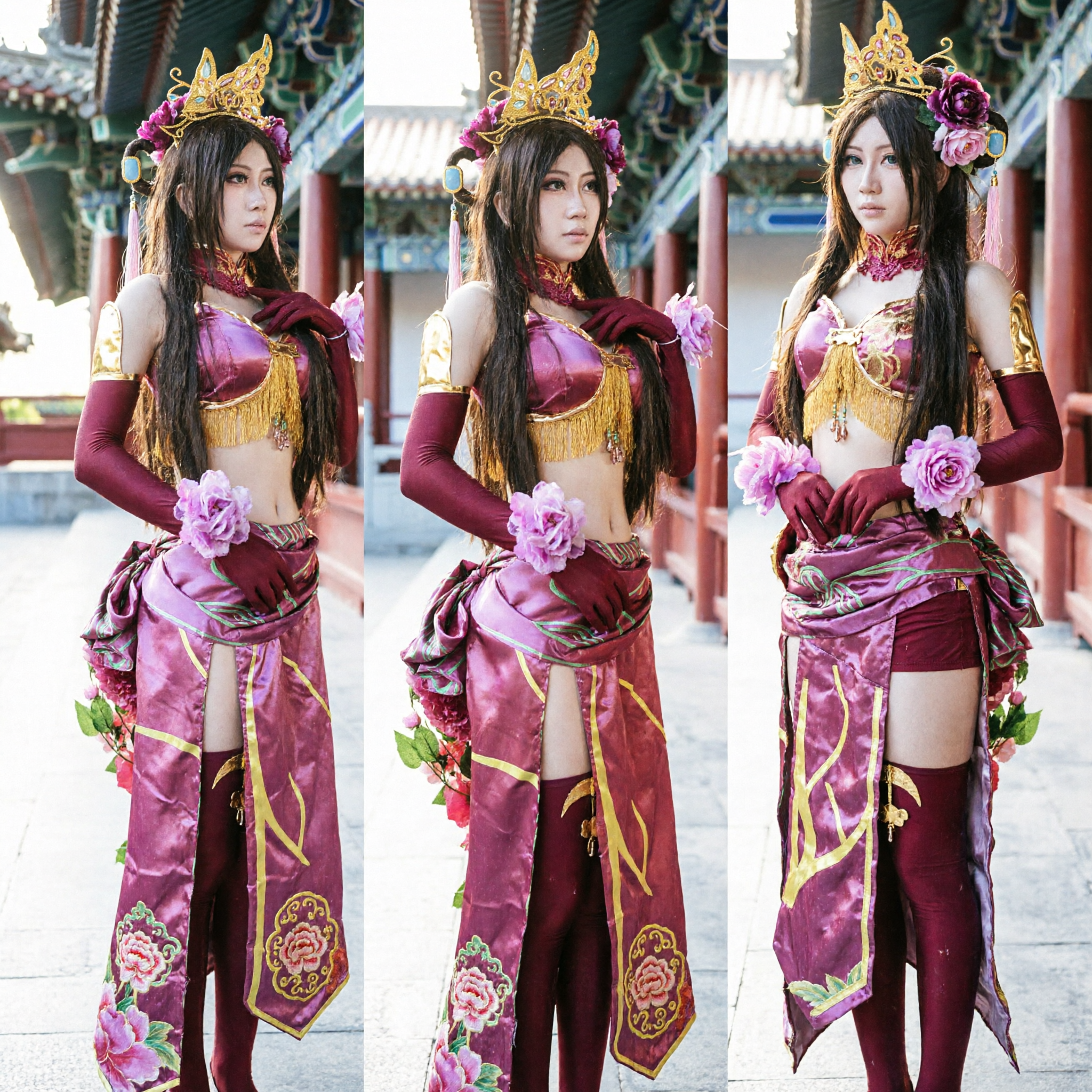 Women's Red and Gold Ancient Chinese Princess Cosplay Costume Set with Floral Crown Accessories - Asian Costume