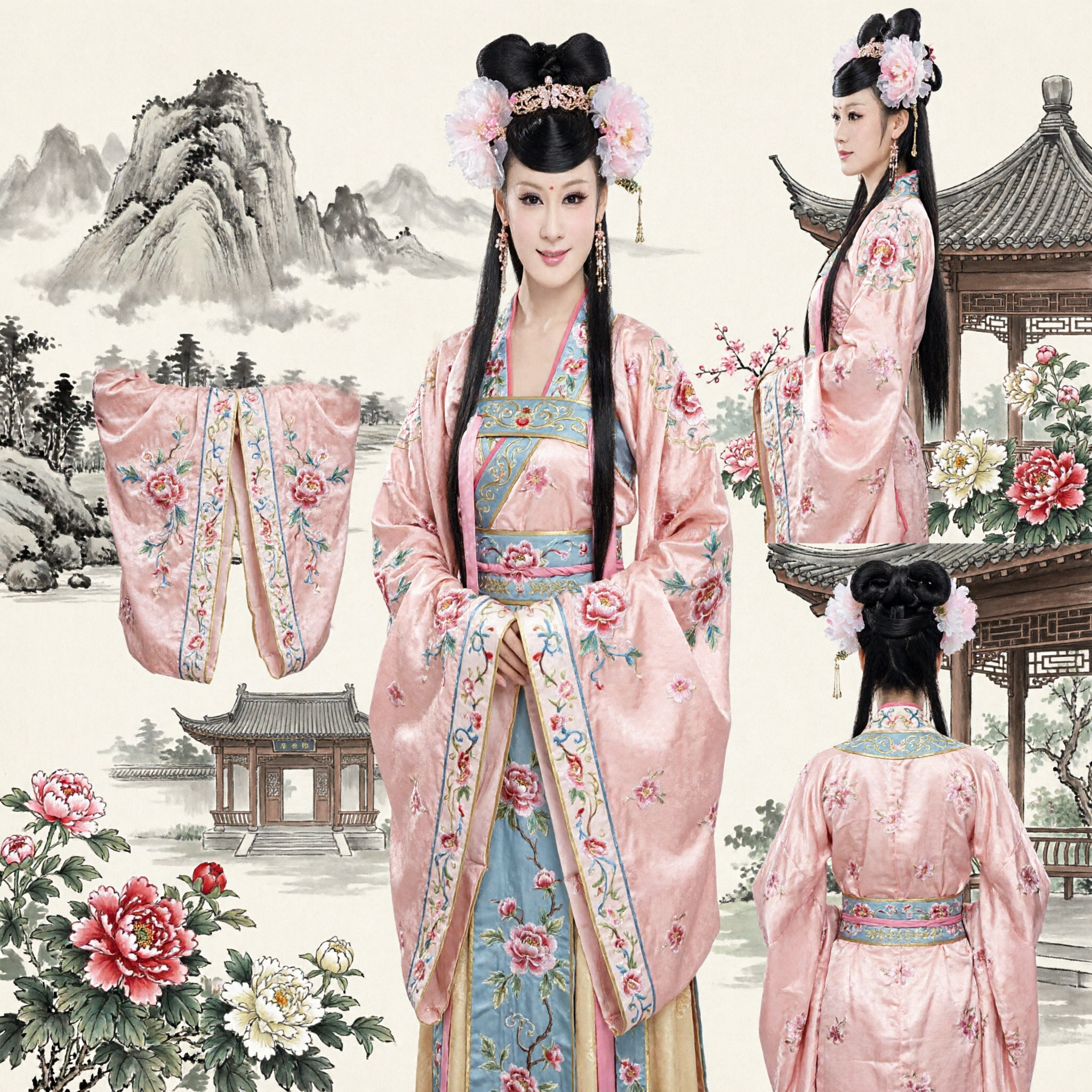Ancient Chinese Traditional Hanfu Hairpiece Tang Dynasty Princess Wig Set with Floral Ornaments for Cosplay - Asian Costume