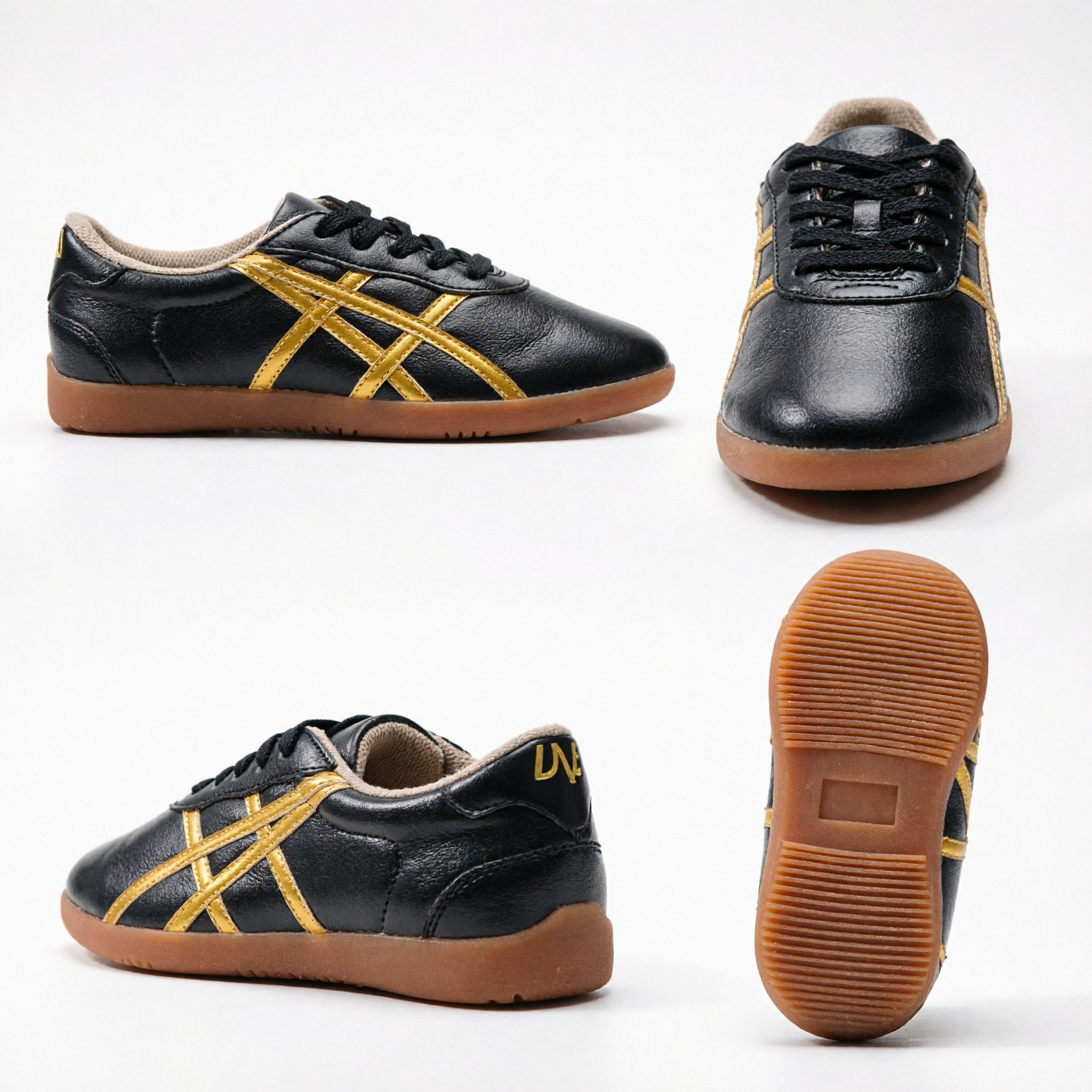 Retro Black Leather Gold Stripe Kung Fu Shoes Traditional Tai Chi Martial Arts Sneakers for Men and Women - Asian Costume