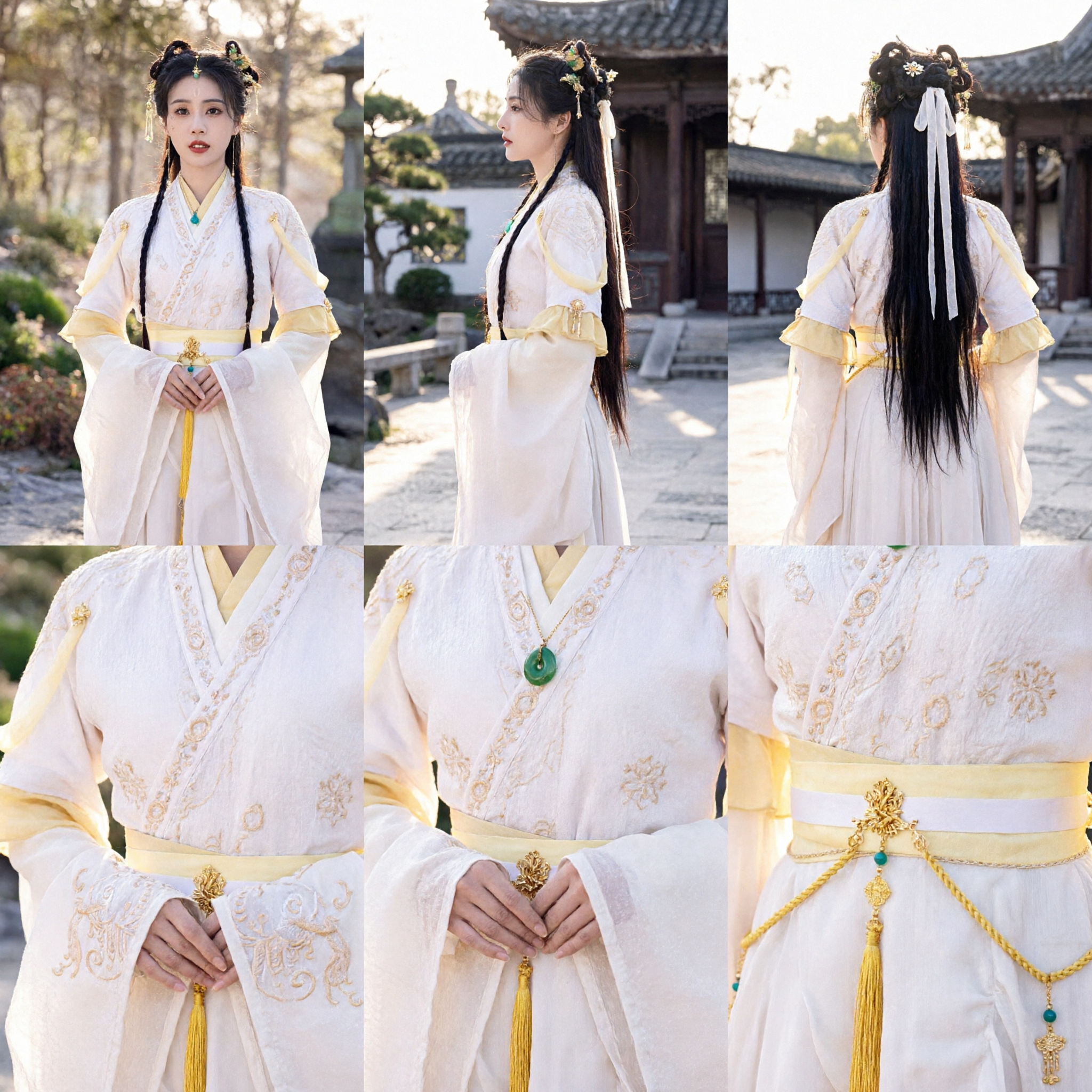 Elegant White and Yellow Chinese Hanfu Ancient Costume Traditional Embroidered Fairy Dress for Women Cosplay - Asian Costume