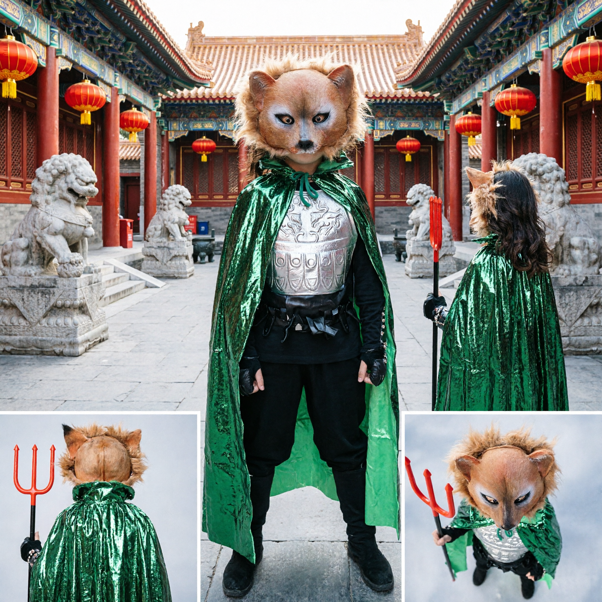Chinese Traditional Fox Spirit Warrior Costume Set with Mask Armor and Trident for Stage Performance Cosplay - Asian Costume