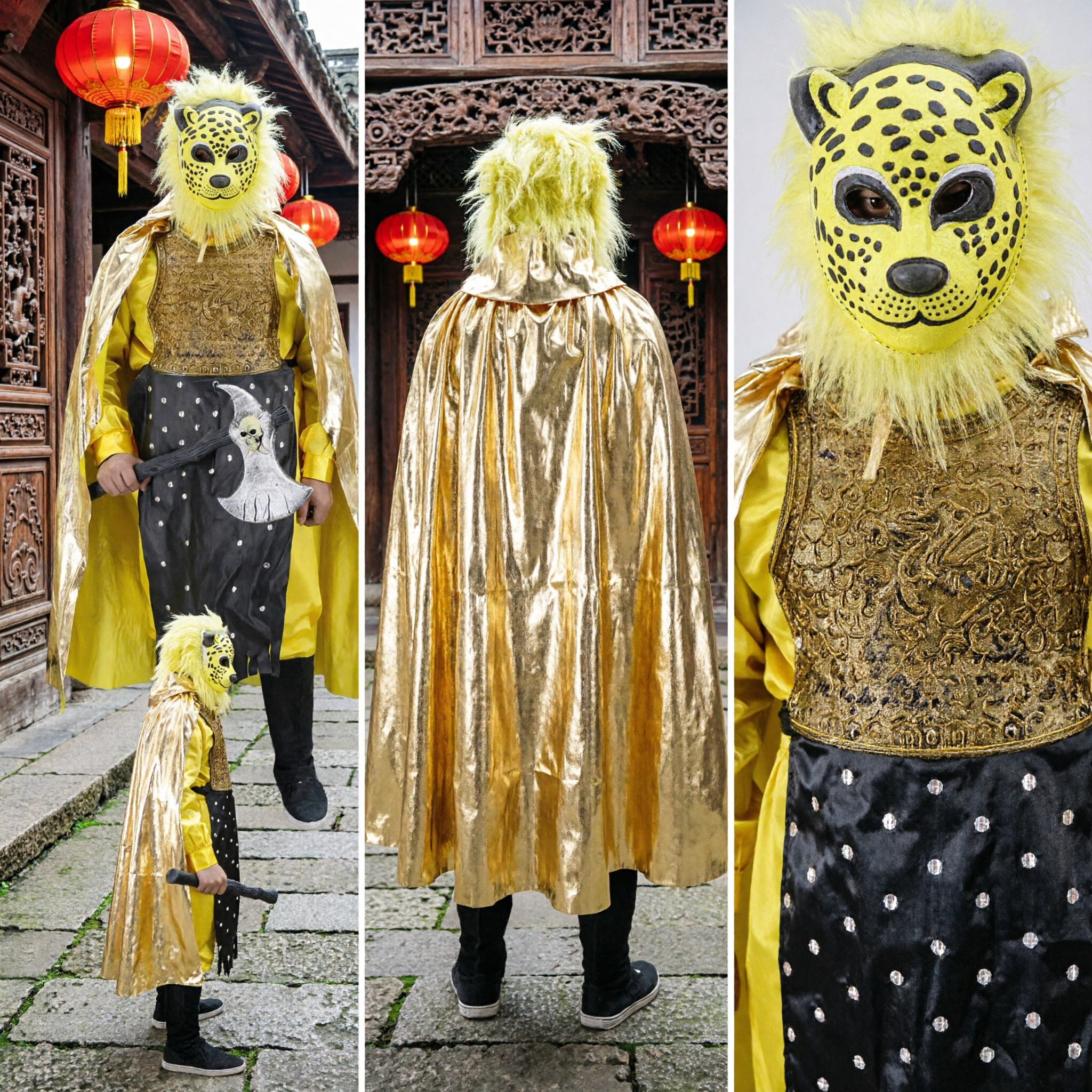 Chinese Traditional Opera Leopard Warrior Costume with Mask Gold Armor and Cape for Stage Performance and Cosplay - Asian Costume
