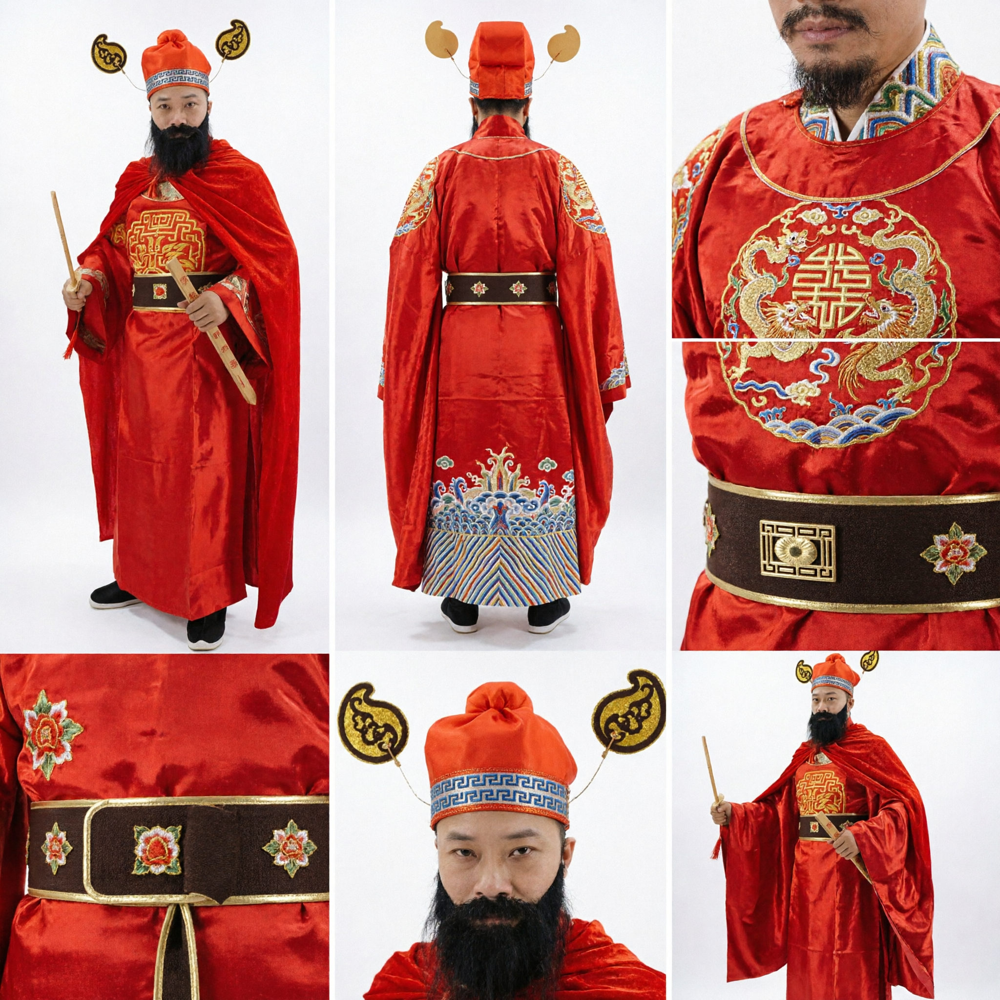 Traditional Chinese God of Wealth Costume Men's Ancient Official Red Robe Caishen Outfit for Lunar New Year Performance - Asian Costume